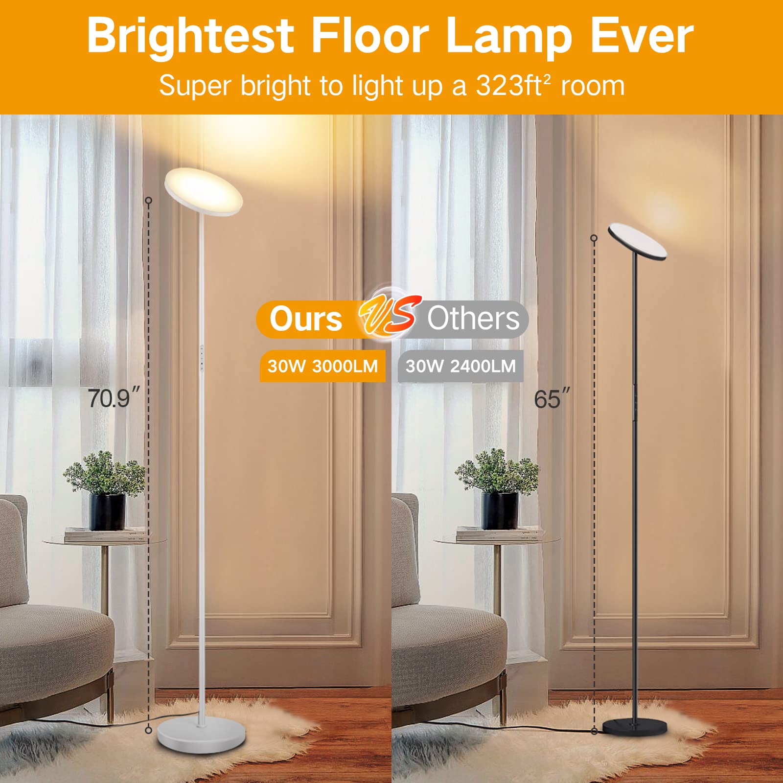 Outon Floor Lamp, 30W/3000Lm Led Modern Torchiere Sky Lamp, Bright Dimmable Standing Tall Lamp With 4 Color Temperatures, Remote