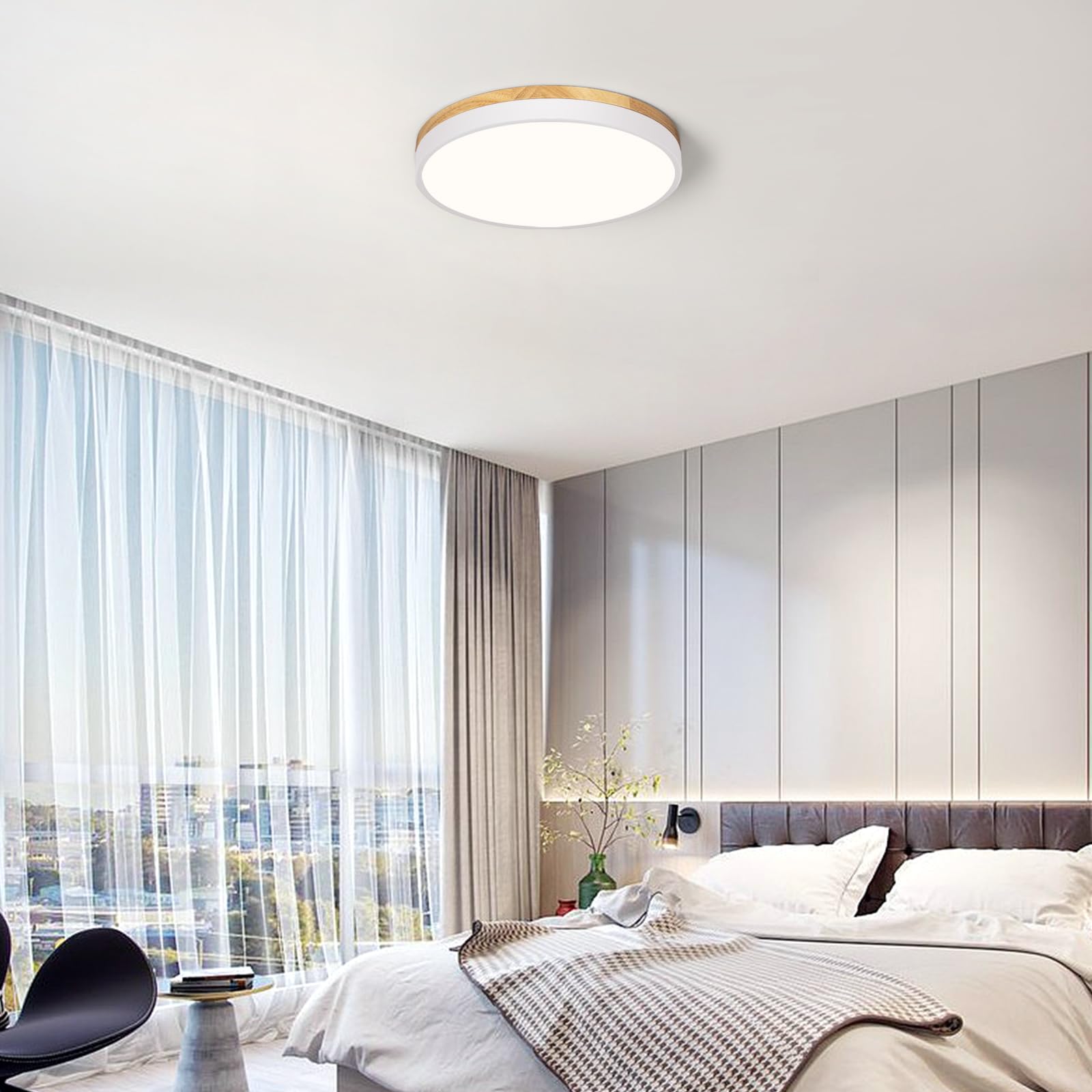 Vikaey Modern Wood Led Ceiling Light Fixture, Minimalist White Flush Mount Ceiling Lights, 4000K Round Ceiling Fixtures For Bedr