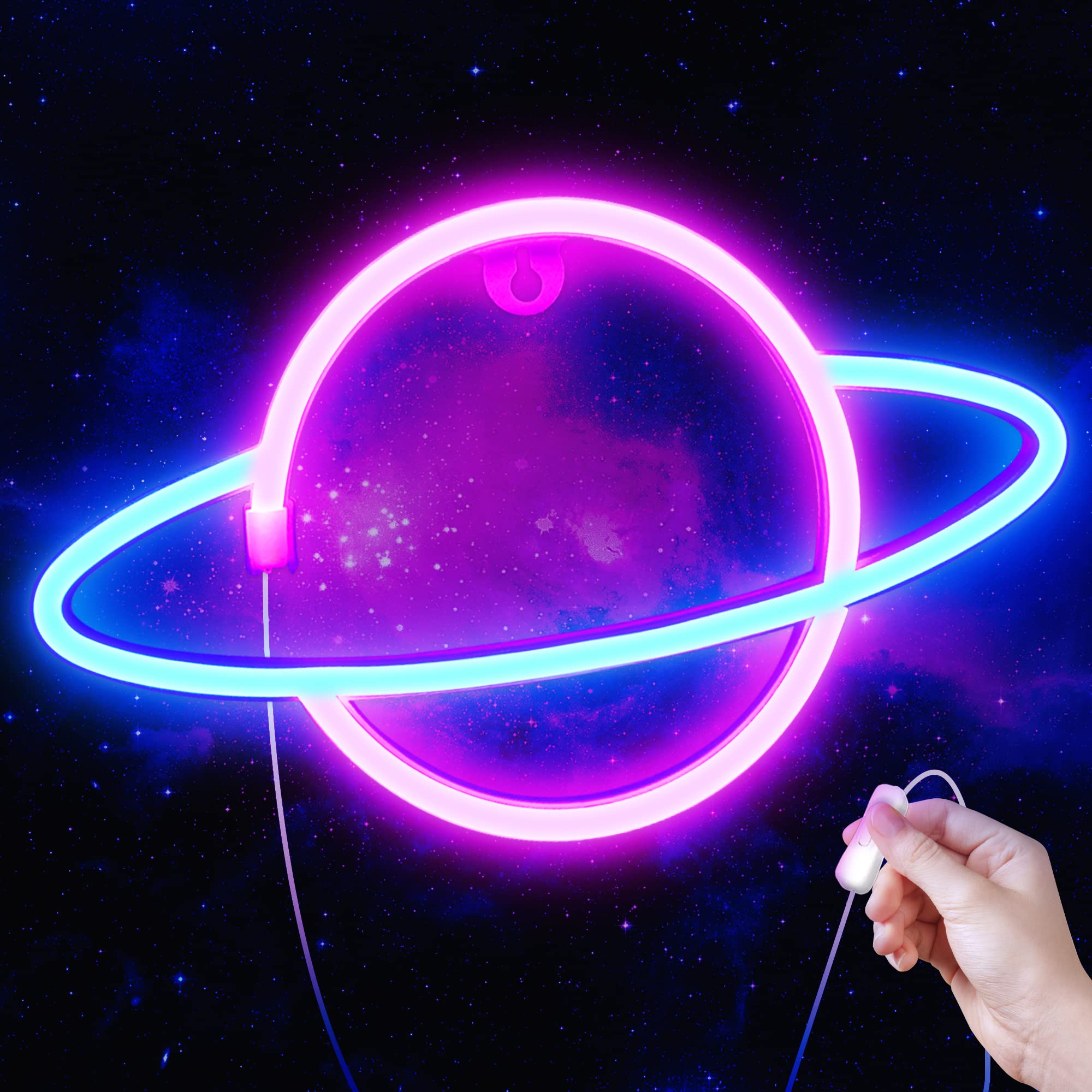 Lumoonosity  t Neon Sign - USB Powered LED Light with On/Off Switch, Aesthetic Saturn Design, Blue and Pink Colors