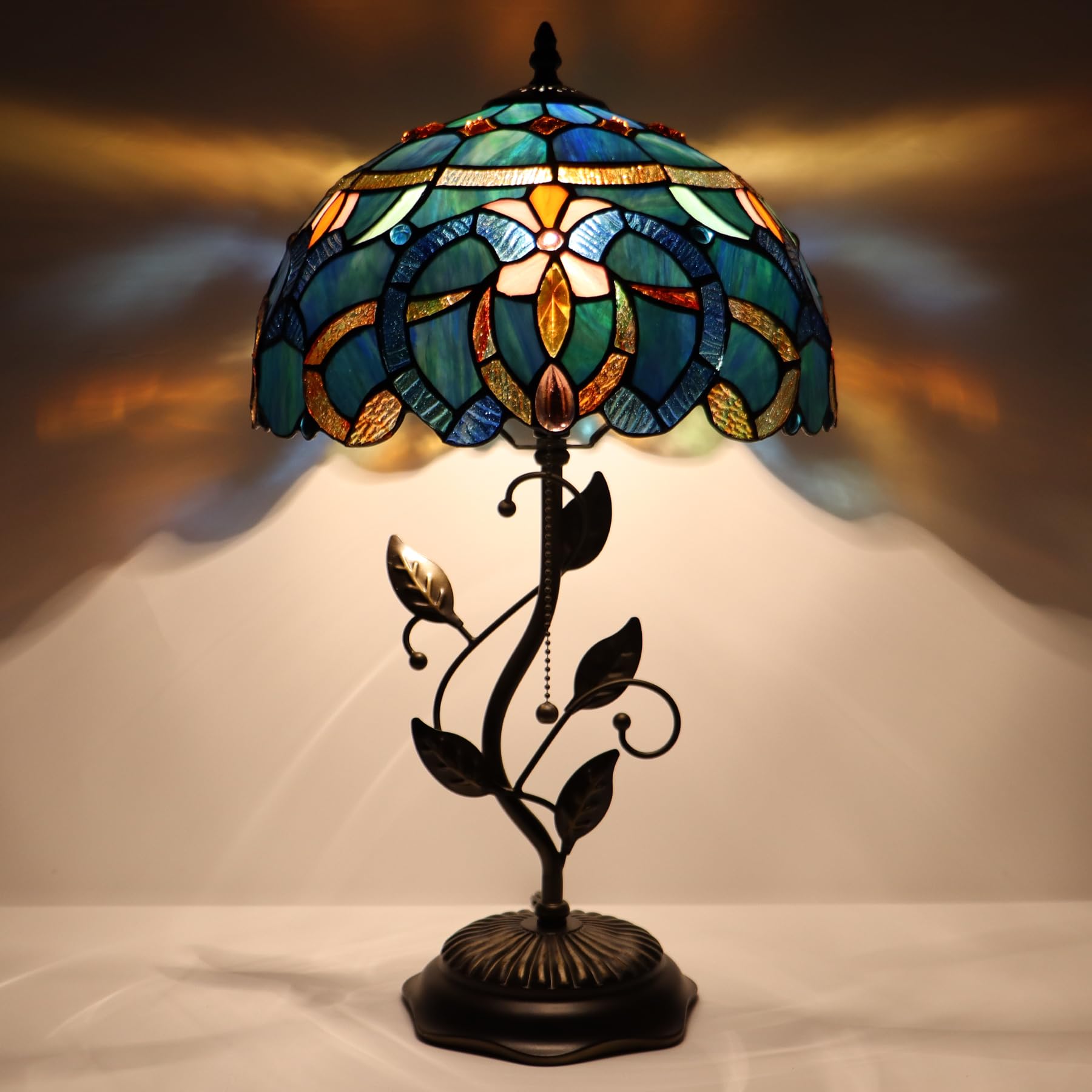 LXHCYOU Tiffany Table Lamp, Stained Glass Desk Light, W12H19 Inch, Metal Leaf Base (Blue Baroque Style)