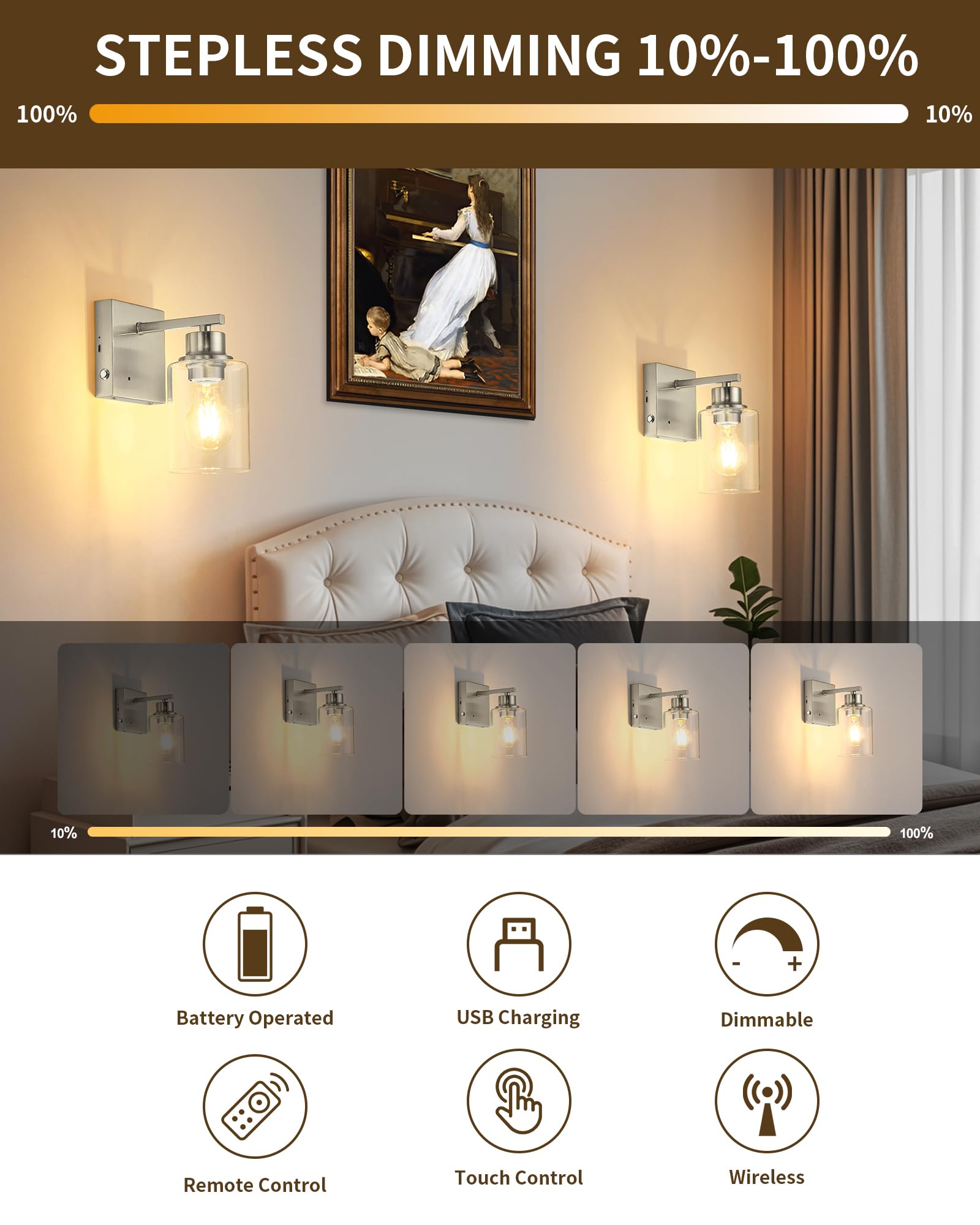 Rayogale Battery Operated Wall Sconce Set of 2, Dimmable Touch Control, Rechargeable, Nickel, Model WL-7112