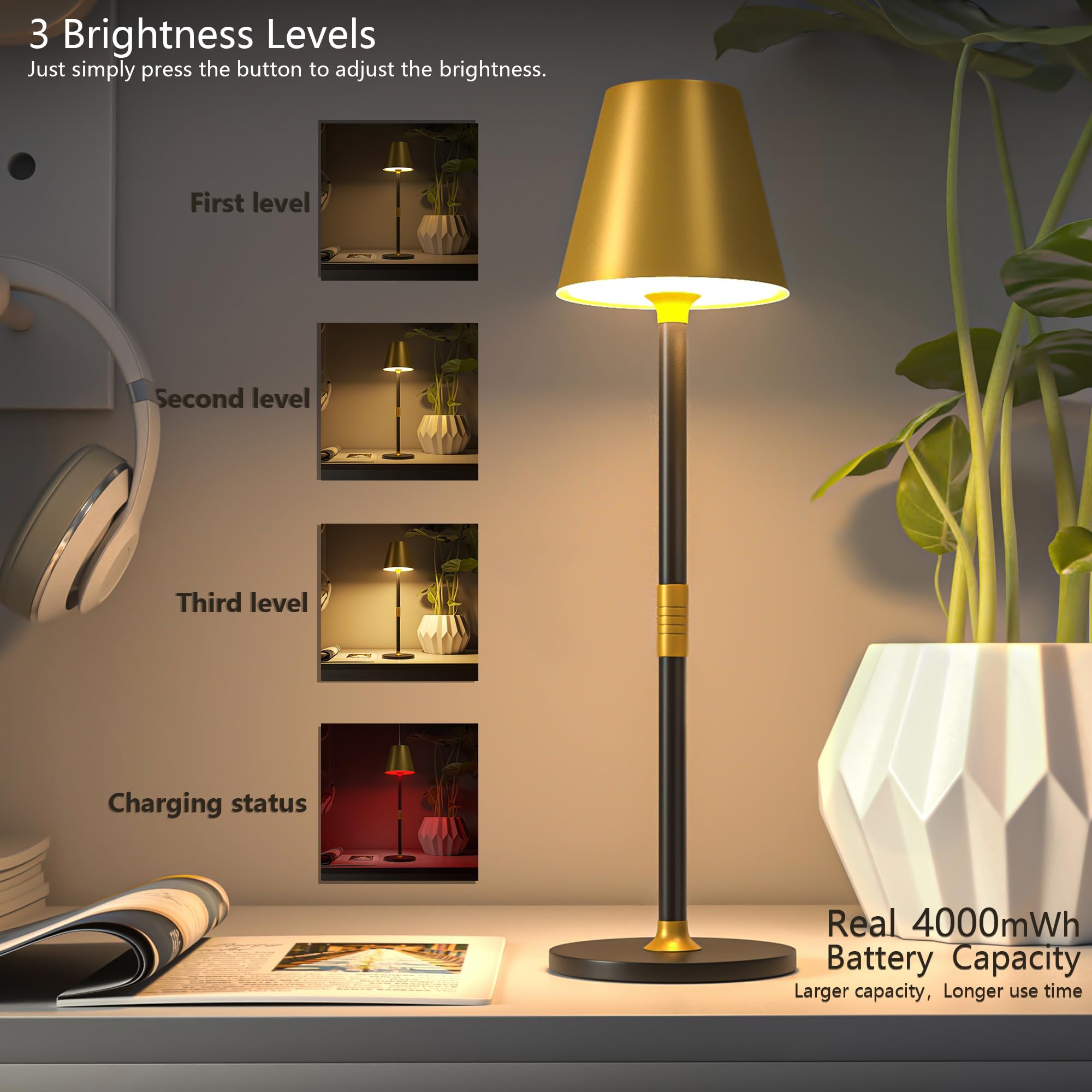 Timjorman Modern Led Cordless Table Lamp, 4000Mah Rechargeable, 3-Level Brightness, Gold & Black