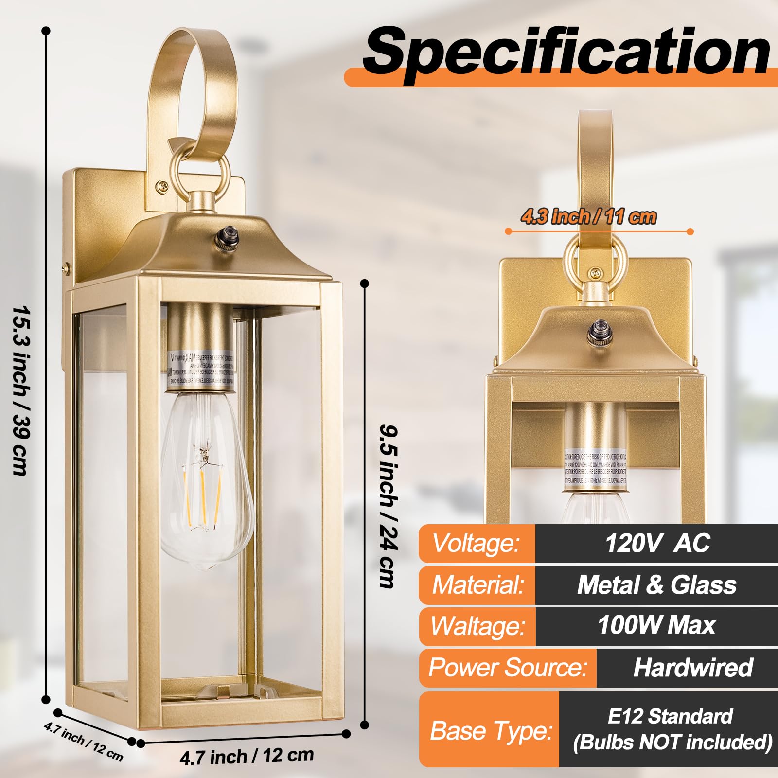Yolsunes Gold Dusk To Dawn Wall Lights 2 Pack, 15&quot; Waterproof Modern Outdoor Sconces