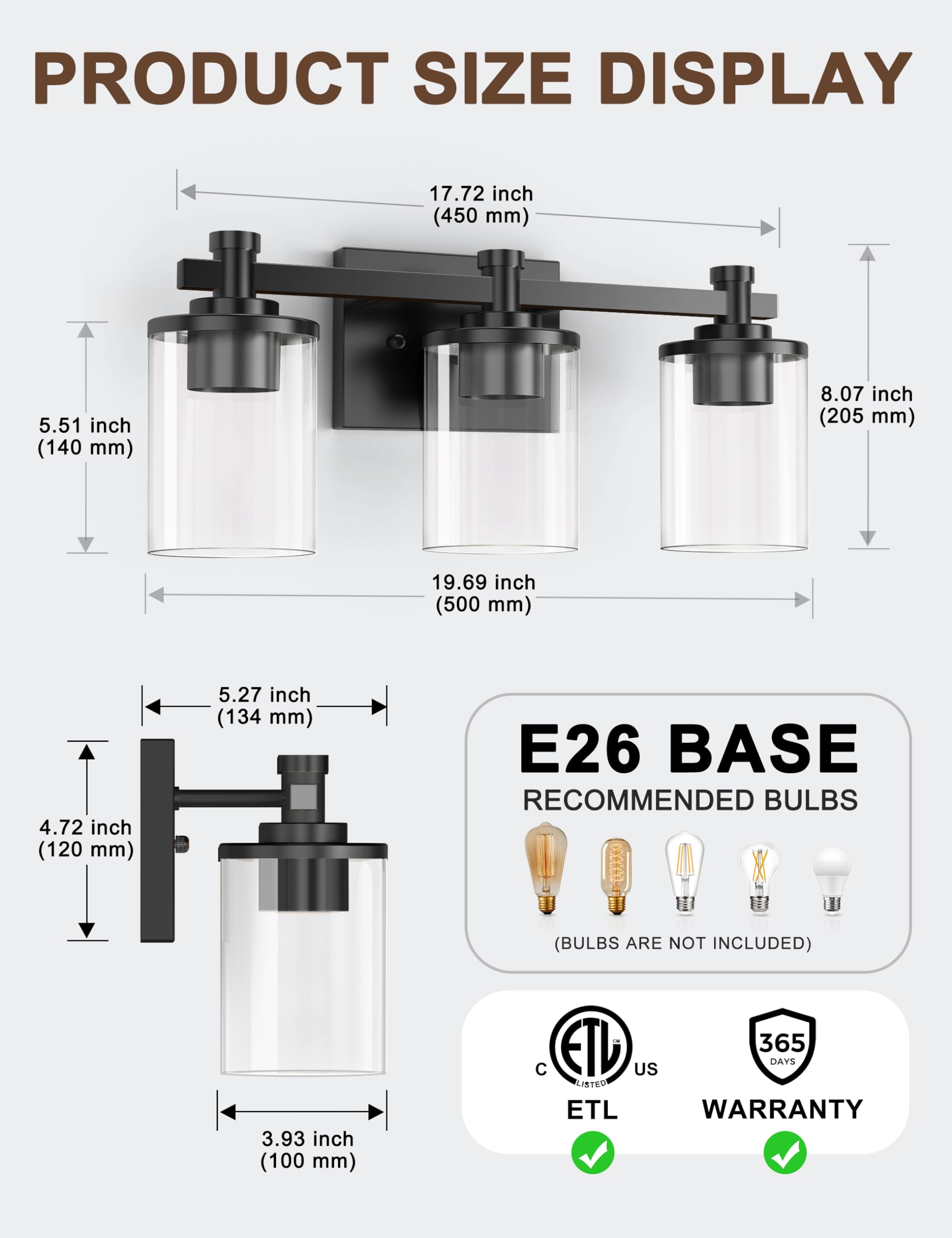 L LOHAS LED Bathroom Vanity Light Fixture, 3-Lights, Black, Glass Shade, Model A-JQD06T3BLE26, Modern Design for Mirror or Hallway