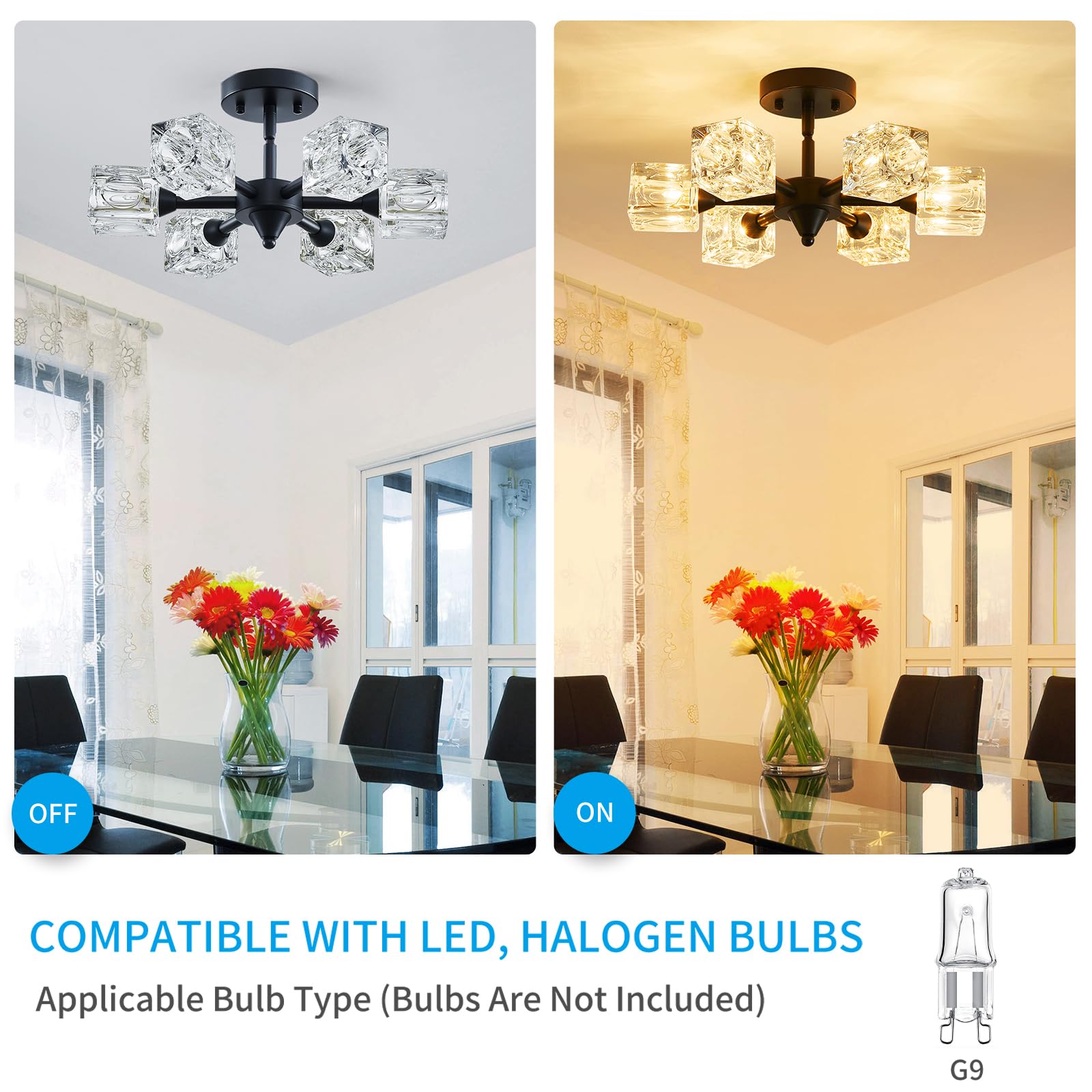 Xingqi Modern Sputnik Chandelier 6-Lights Black Ceiling Light Fixture Small Farmhouse Semi Flush Mount Ceiling Light Glass Indus