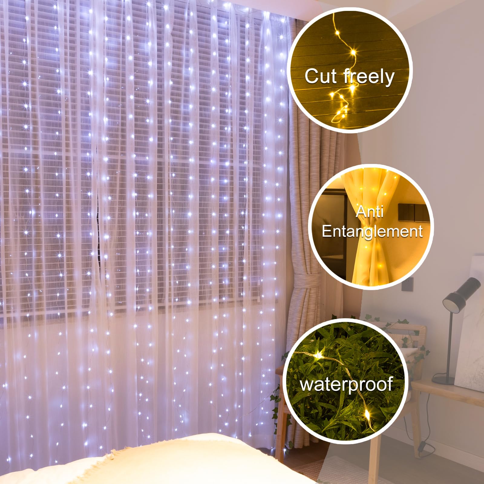Sinamer Upgrade 300Led White Curtain Light With Untangled Wires, 9.8Ft X 9.8Ft Copper Wire String Lights, Usb Plug Hanging Window Fairy Lights, 8 Modes & Remote For Home Christmas Wedding Party