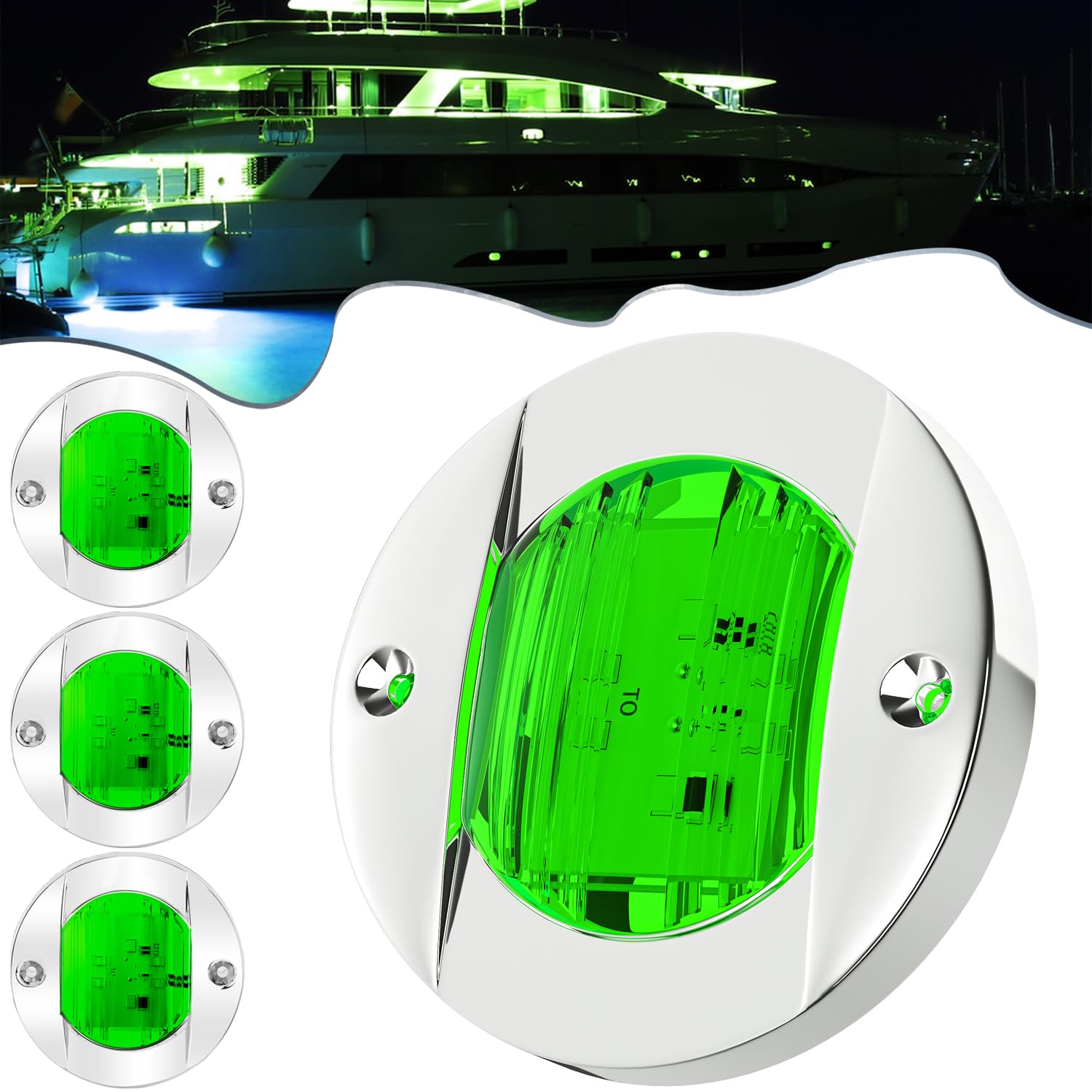 PSEQT 4Pcs Marine Boat Interior Lights Green LED Waterproof 12V Round Surface Mount w/ Green Lens, Model PSEQTSEGG4P