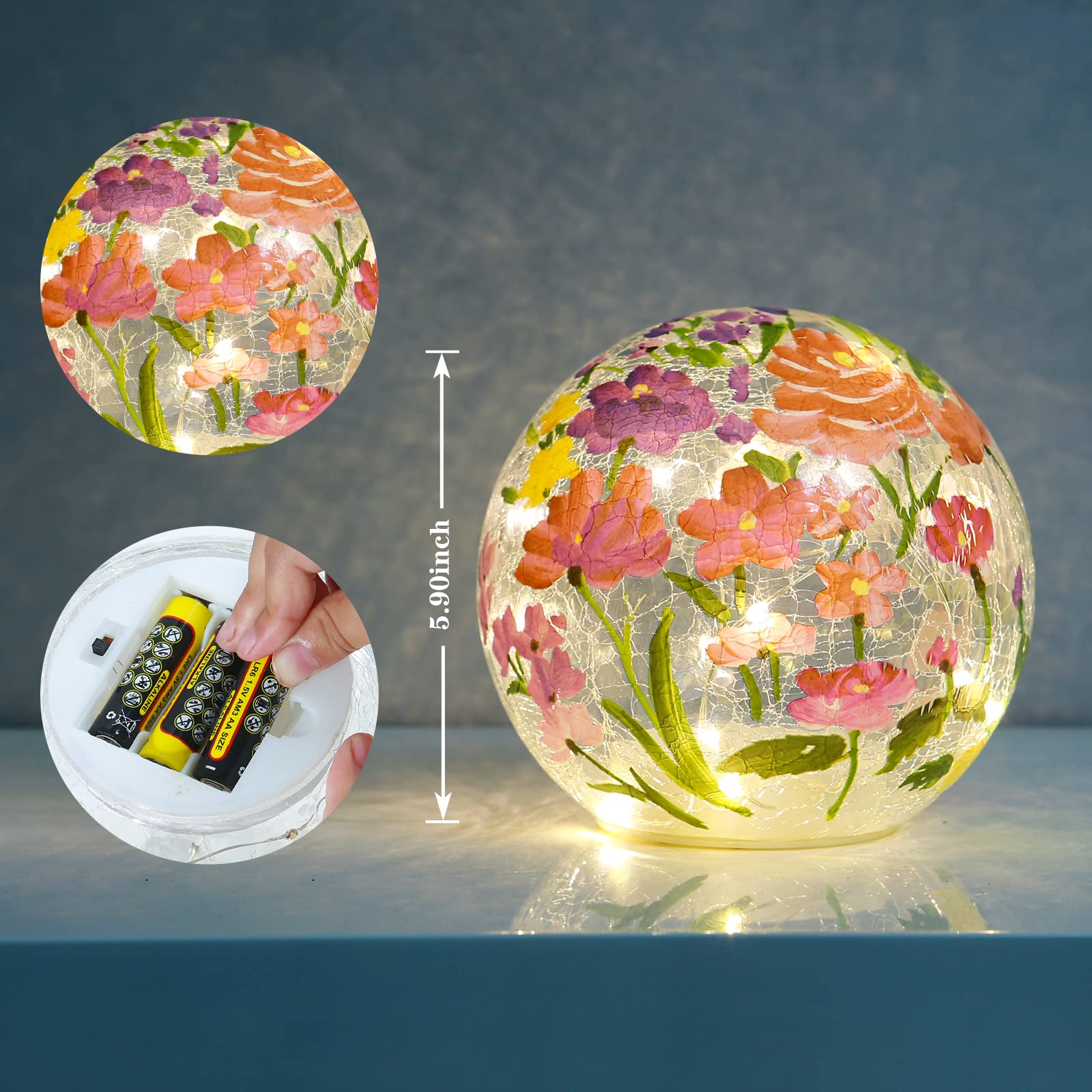 Berscah Glass Ball Light Crackle Led Night Light Flower Grass Pattern Globe Glass Table Lamp, Orb Cardinal Night Light For Outdo
