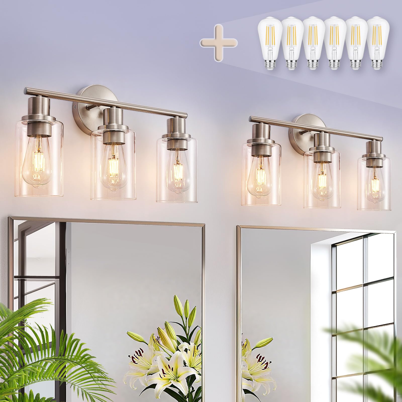 DINGLILIGHTING 3-Light Bathroom Light Fixtures - Brushed Nickel Metal - Clear Glass Shade - 2 Packs