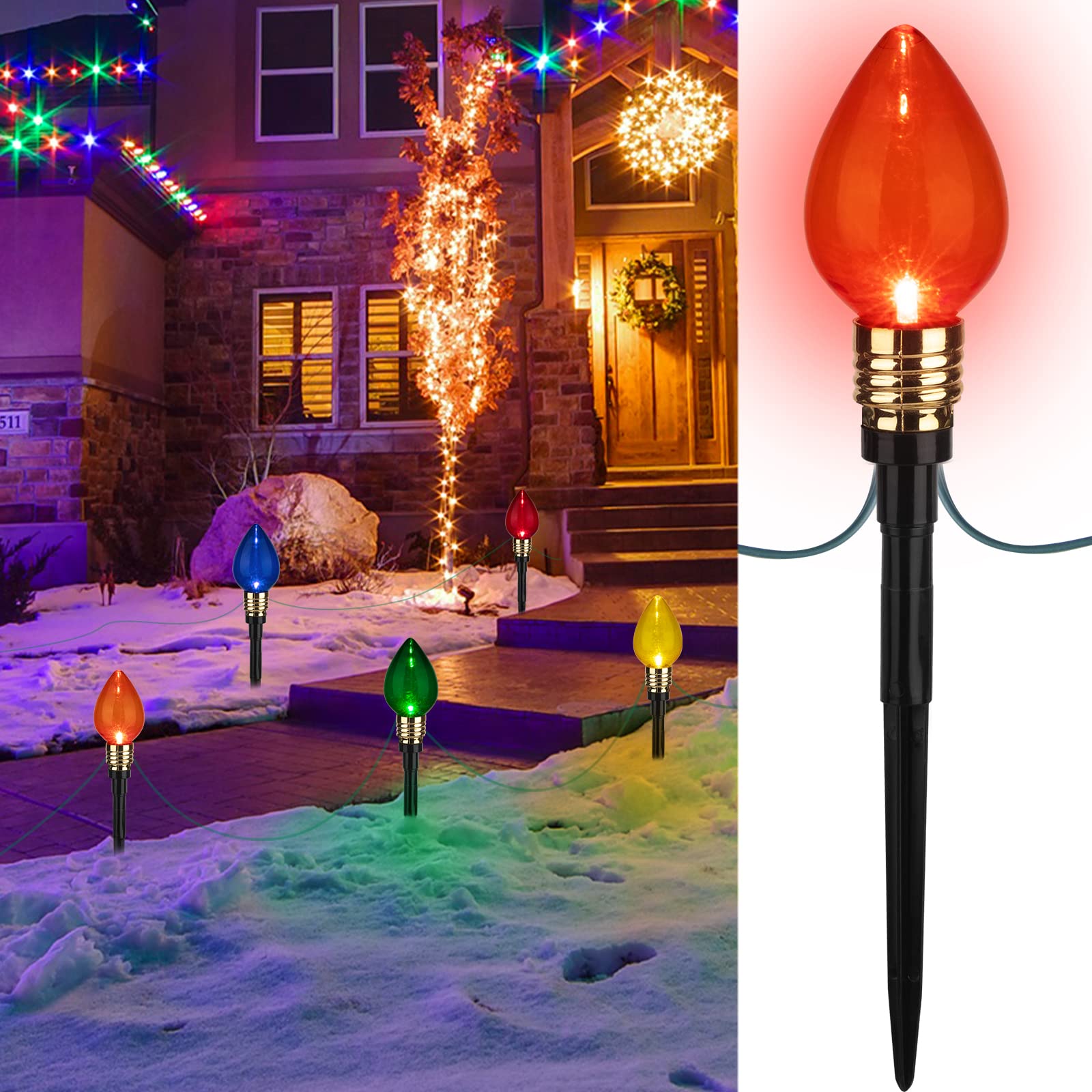Brightown 4 Pack C9 Christmas Pathway Lights Outdoor Total 69.6 Ft 40 Lights Waterproof Connectable Walkway Lights for Yard Grou