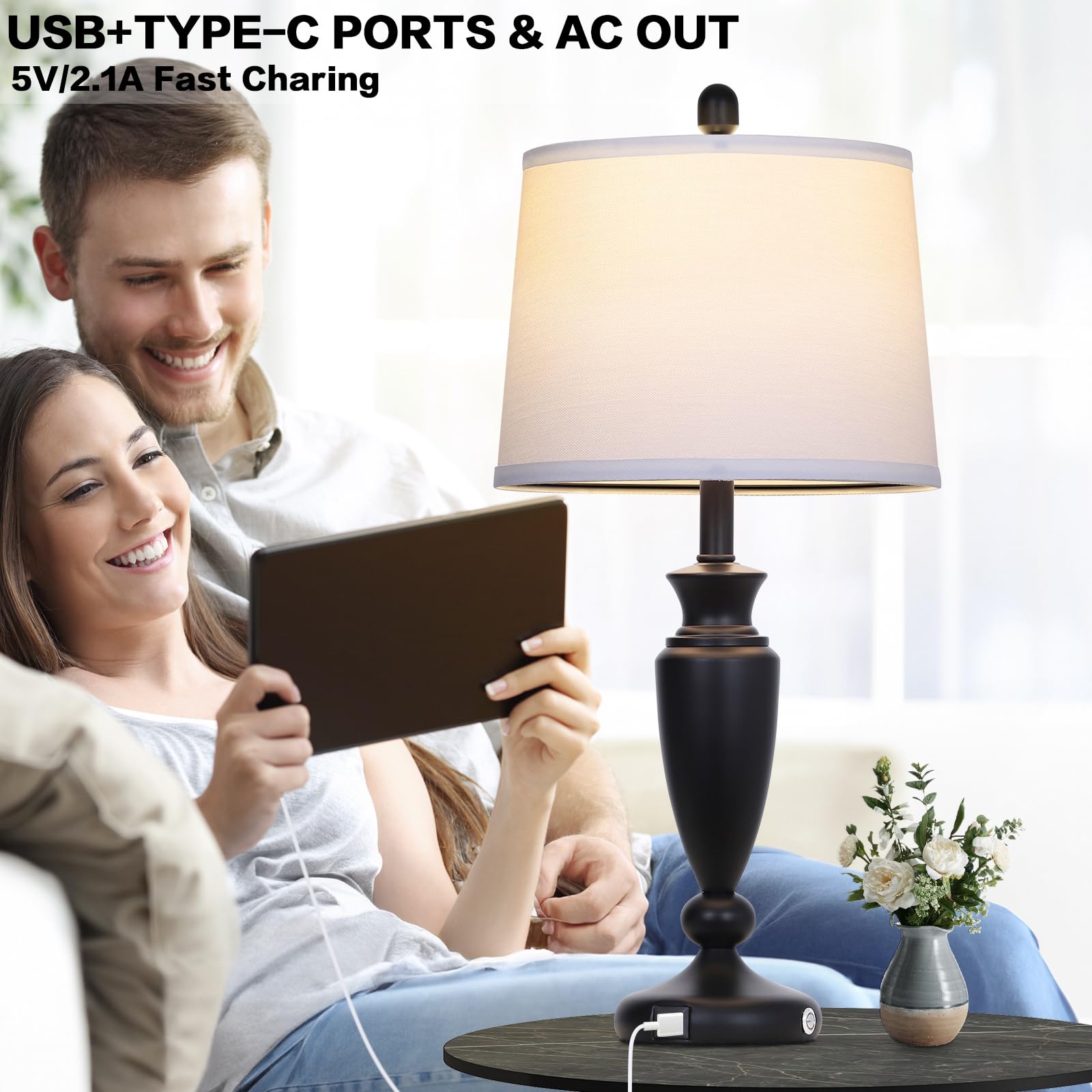 Rinweey 27'' Black Table Lamps Set Of 2, 3 Way Touch Control Living Room Lamps With Usb A+C Ports, Modern Bedside Lamps, Elegant