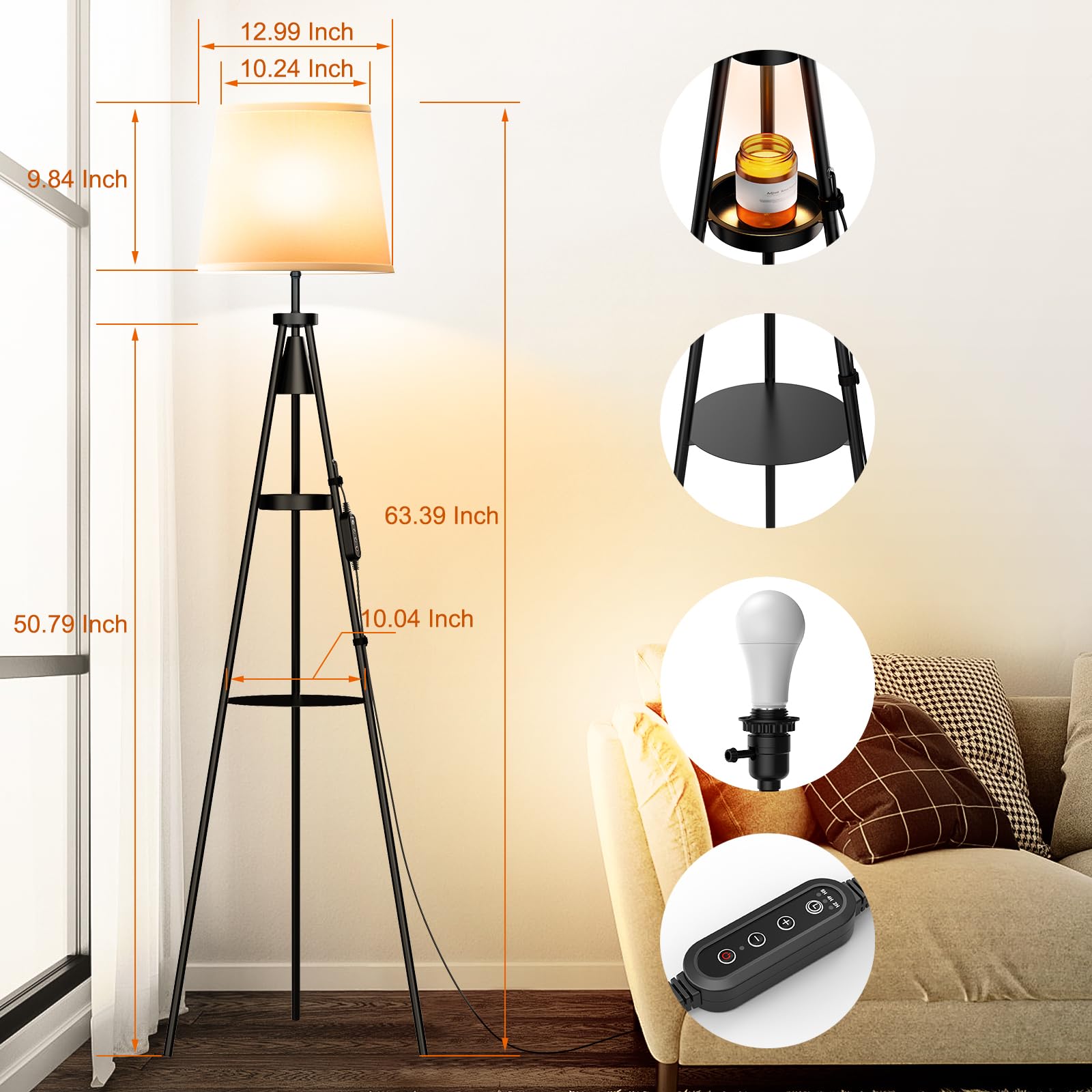 Tripod Floor Lamp, Candle Warmer Lamp With Timer, Dimmable Standing Tall Lamp For Living Room Bedroom, Wifi Smart Rgb Light Comp