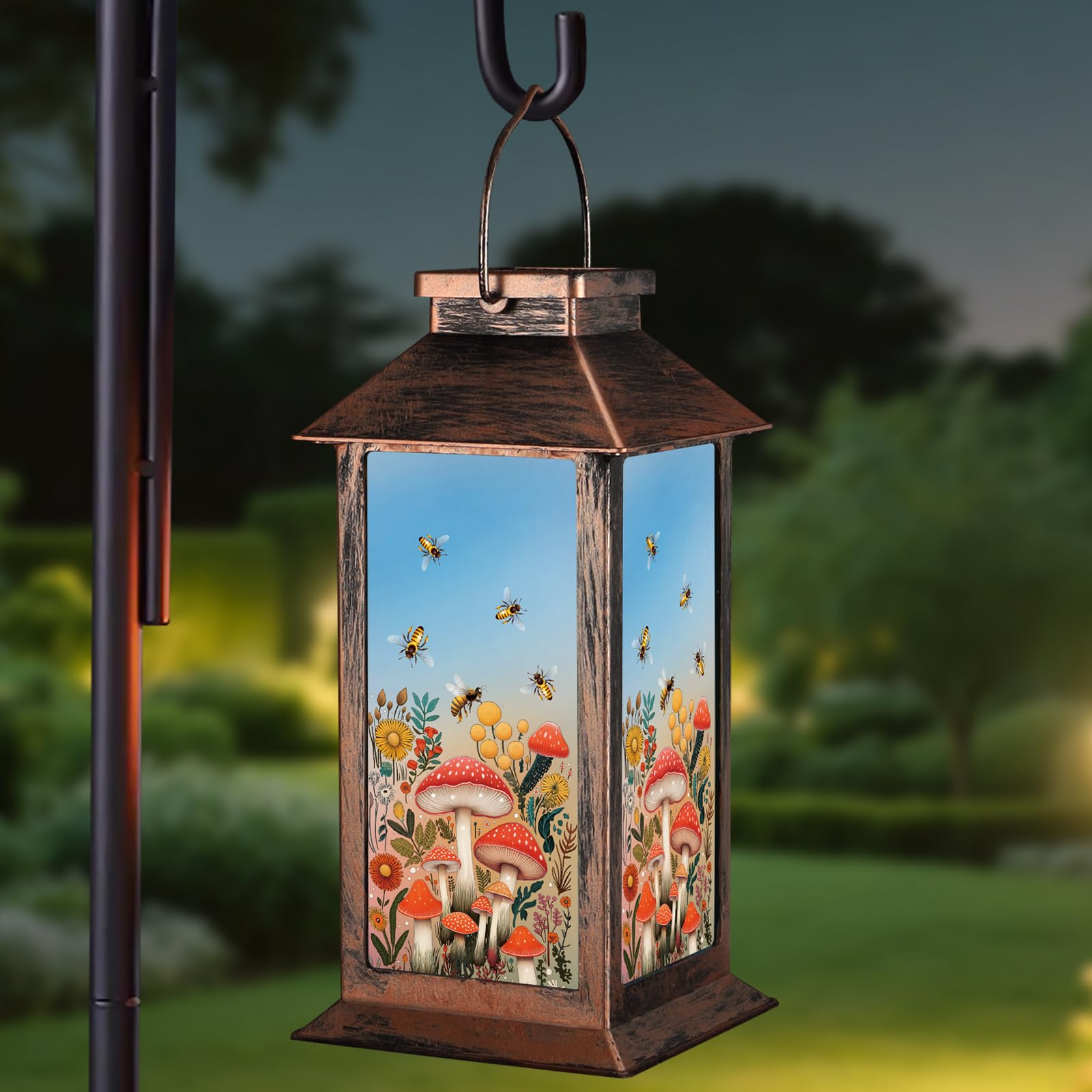 Yamodoor Gifts for Mom, Outdoor Hanging Solar Lantern Waterproof, Outside Bees Mushrooms Pattern Landscape Lights for Porch Gard