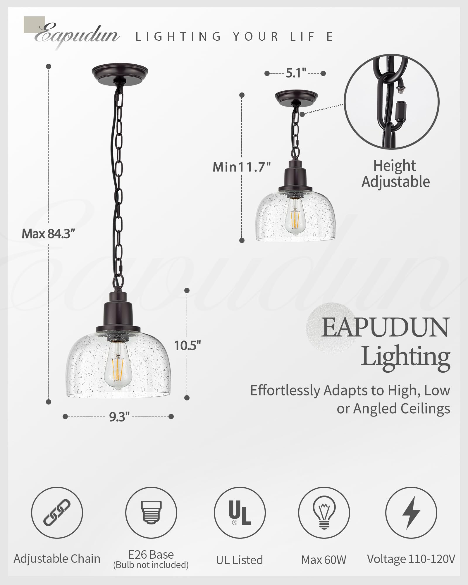 Eapudun Modern Farmhouse Pendant Light, 1-Light Industrial Hanging Light Fixture, Oil Rubbed Bronze Finish With 9.3-Inch Seeded Glass Shade, Pda1127-Orb