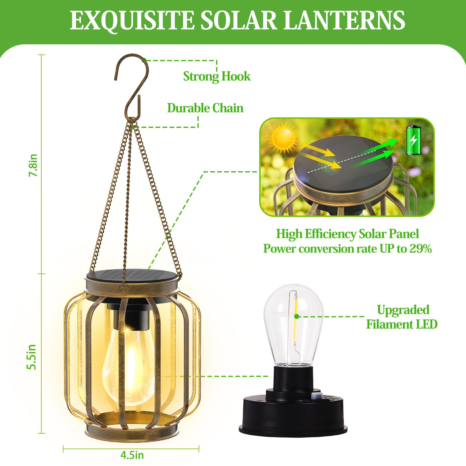 Bonlion Solar Lanterns  Upgraded Metal Outdoor Lights  Brighter Hanging Solar Lights For Outside Waterproof  Auto On/Off Warm White Lighting For Yard  Garden  Patio  Pathway Decor (Bronze  2 Pack)