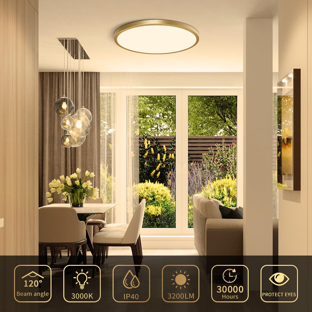 Fletergib 12 Inch Gold Led Ceiling Light, 3000K Warm White, 24W Gold Flush Mount Ceiling Light, 3200Lm Round Low Profile Ceiling Lights For Bedroom, Living Room, Dining Room