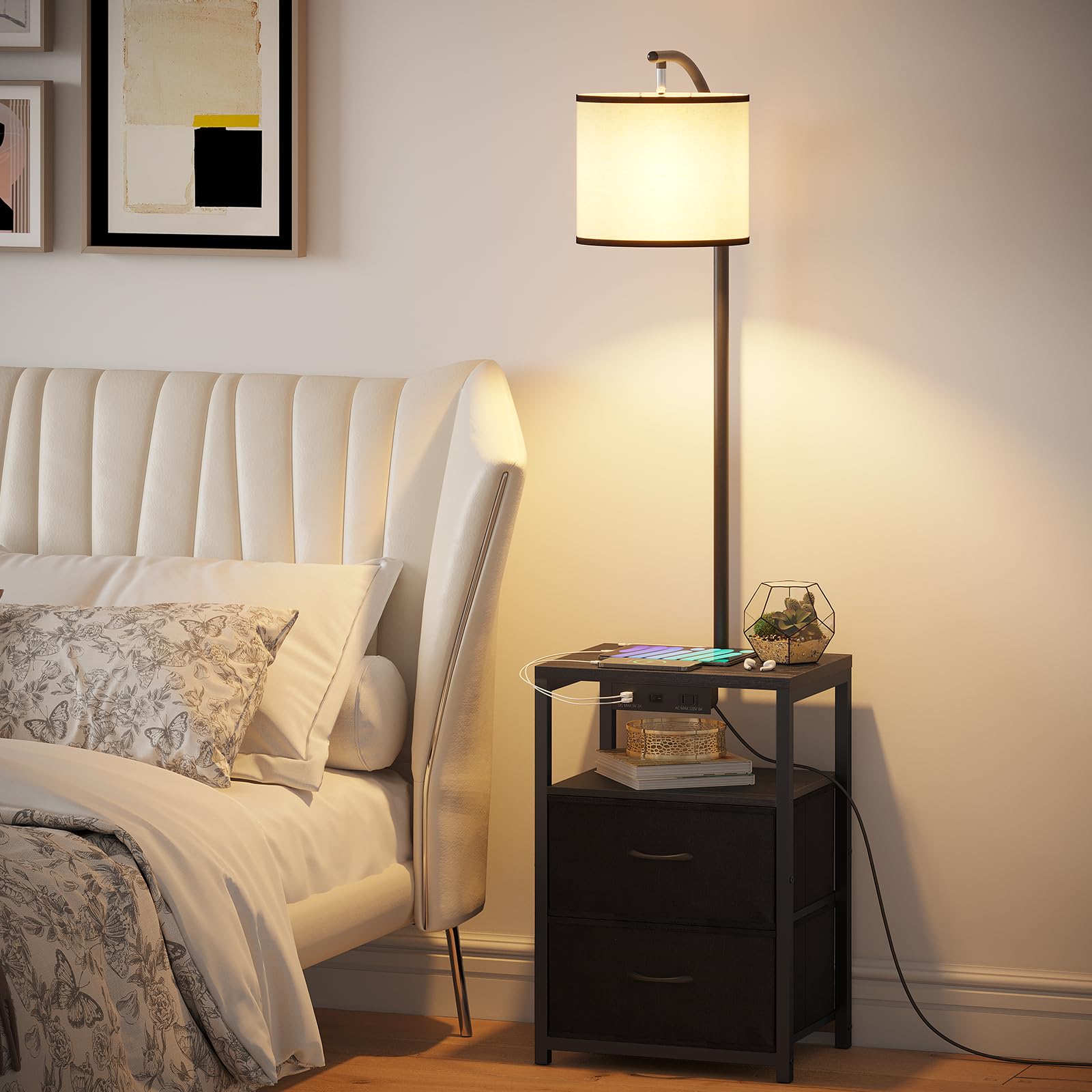 SUNMORY Floor Lamp with USB Port & Outlet, 3 Color Temp LED Bulb, Black, Wood, Model SR000008, Ideal for Living Room & Bedroom