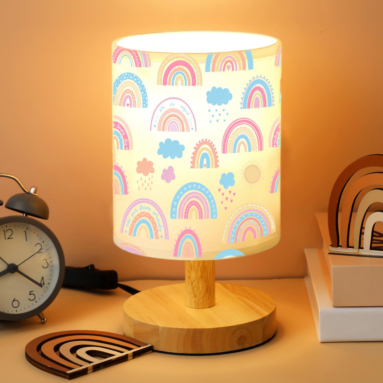 VIHOSE Rainbow Lamp for Girl Bedside Kids Lamp with Linen Wooden Nightstand Cartoon Nursery Light Lampshade for Girls Boys Livin