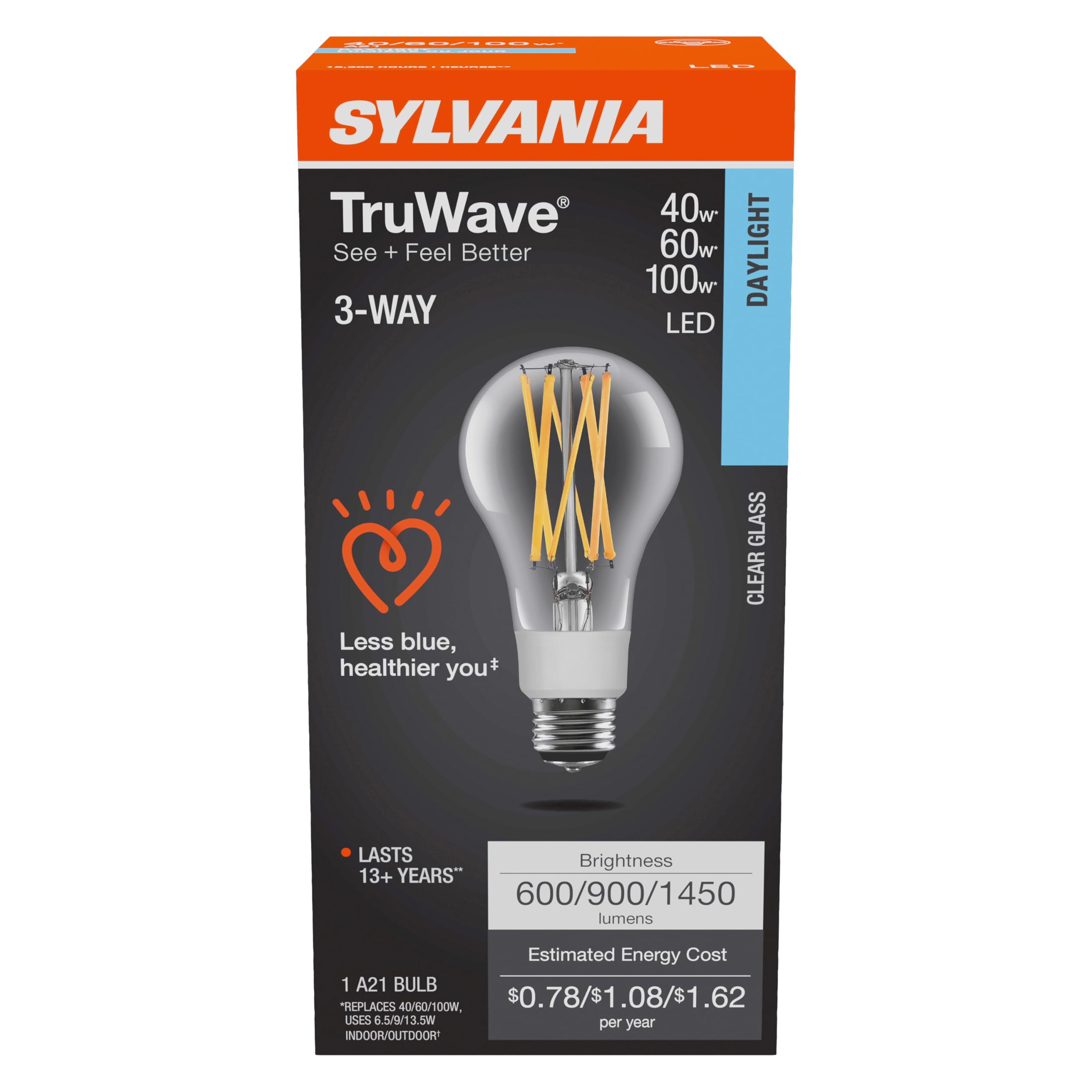 Sylvania Led Truwave Natural Series 3-Way A21 Light Bulb, 40/60/100W Equivalent Efficient 6.5/9/13W, Medium Base, Clear 5000K, 6