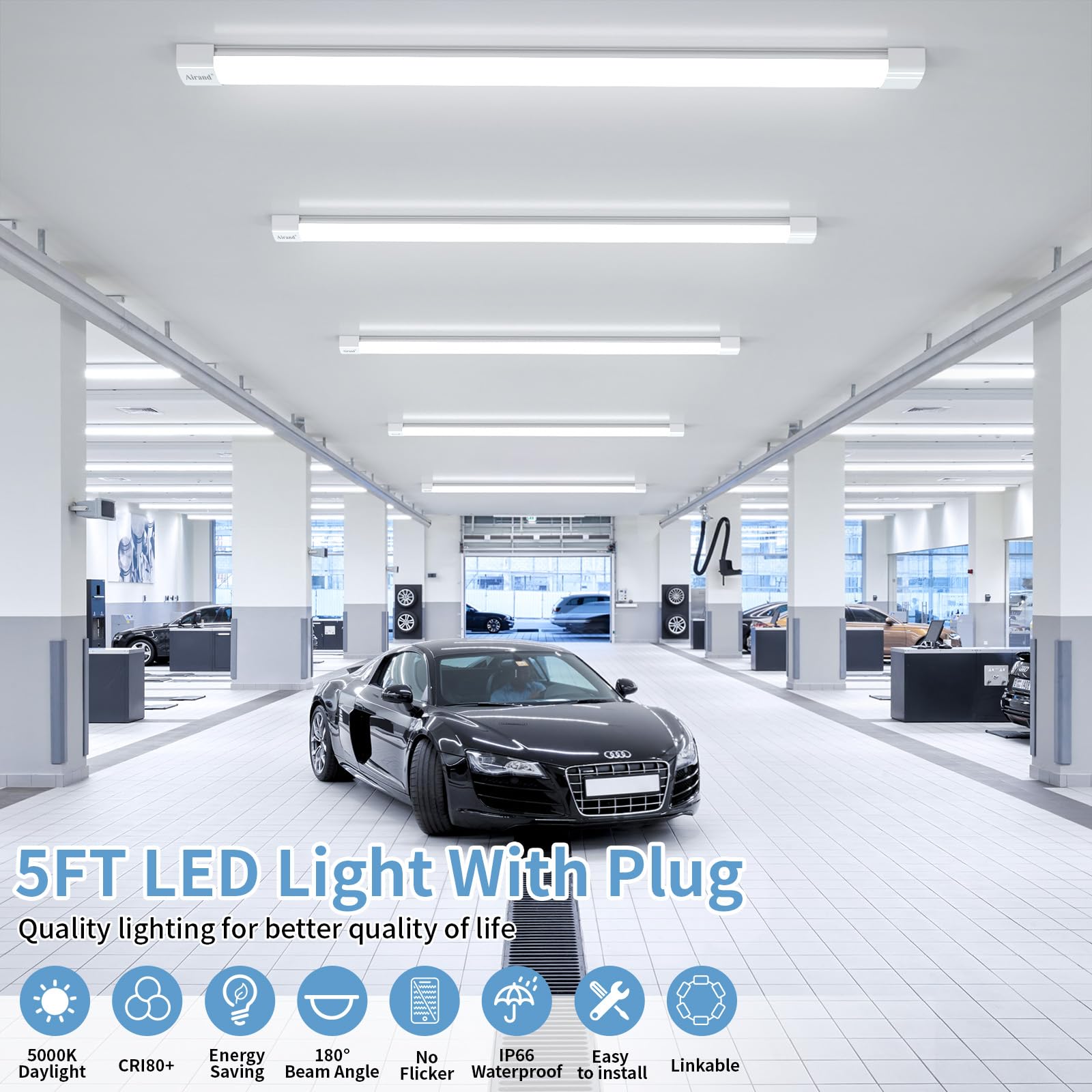 Plug In Ceiling Light, 5Ft Led Shop Light Plug In Under Cabinet Lighting Fixture With Plug In Cord 5000K Water-Proof Workbench L