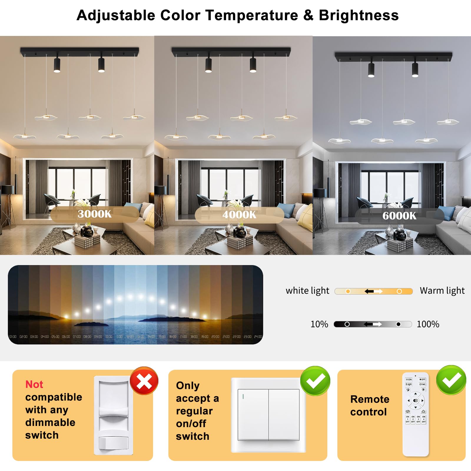 Siittoo 40in Modern Dimmable LED Chandelier, Adjustable Height, 6-Light Acrylic Pendant Light, Transparent/Black Petal, Remote Control