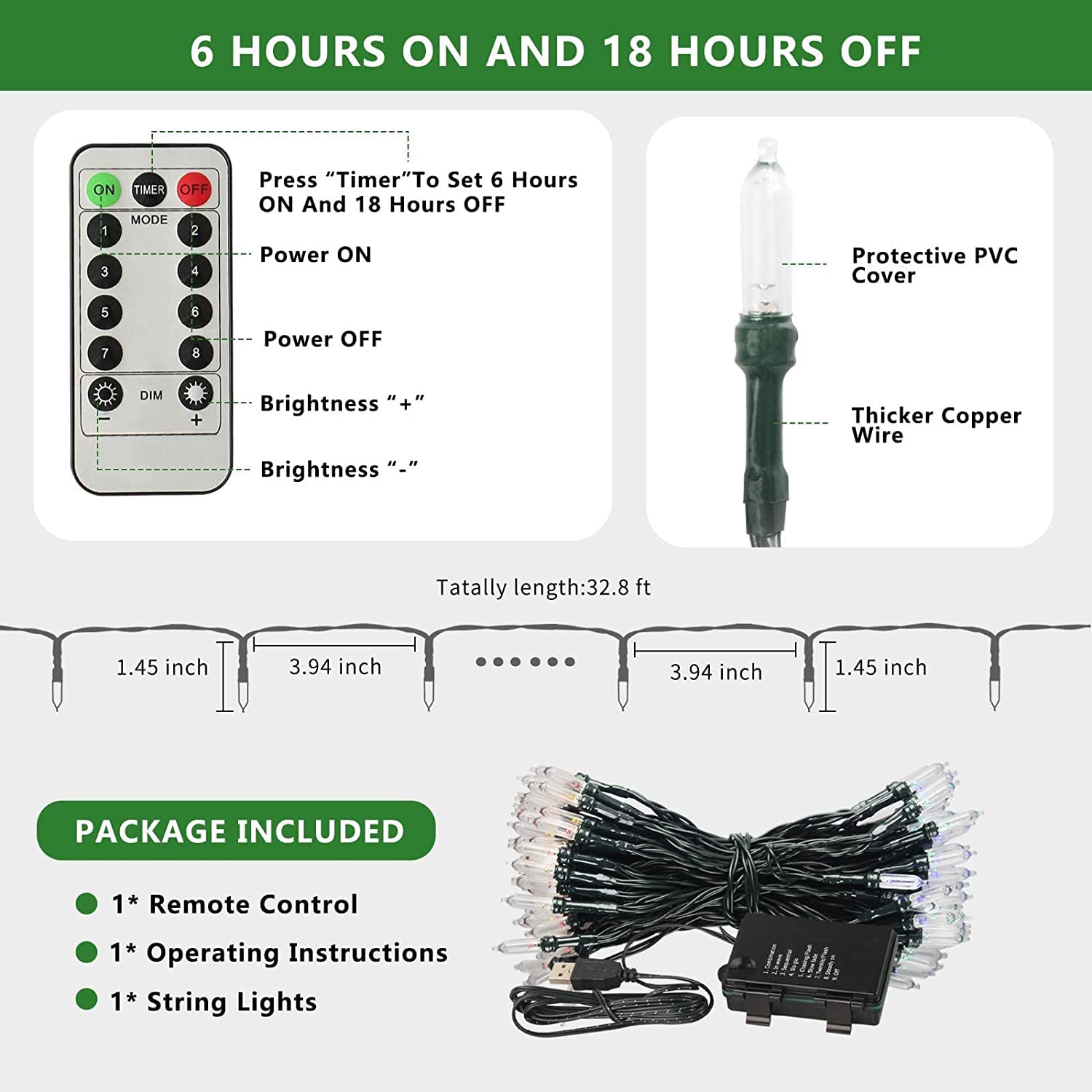 Tcamp Christmas Lights, 33FT 100 LED, Blue, Battery Operated or USB, Remote Timer, 8 Modes, Model QL300AE