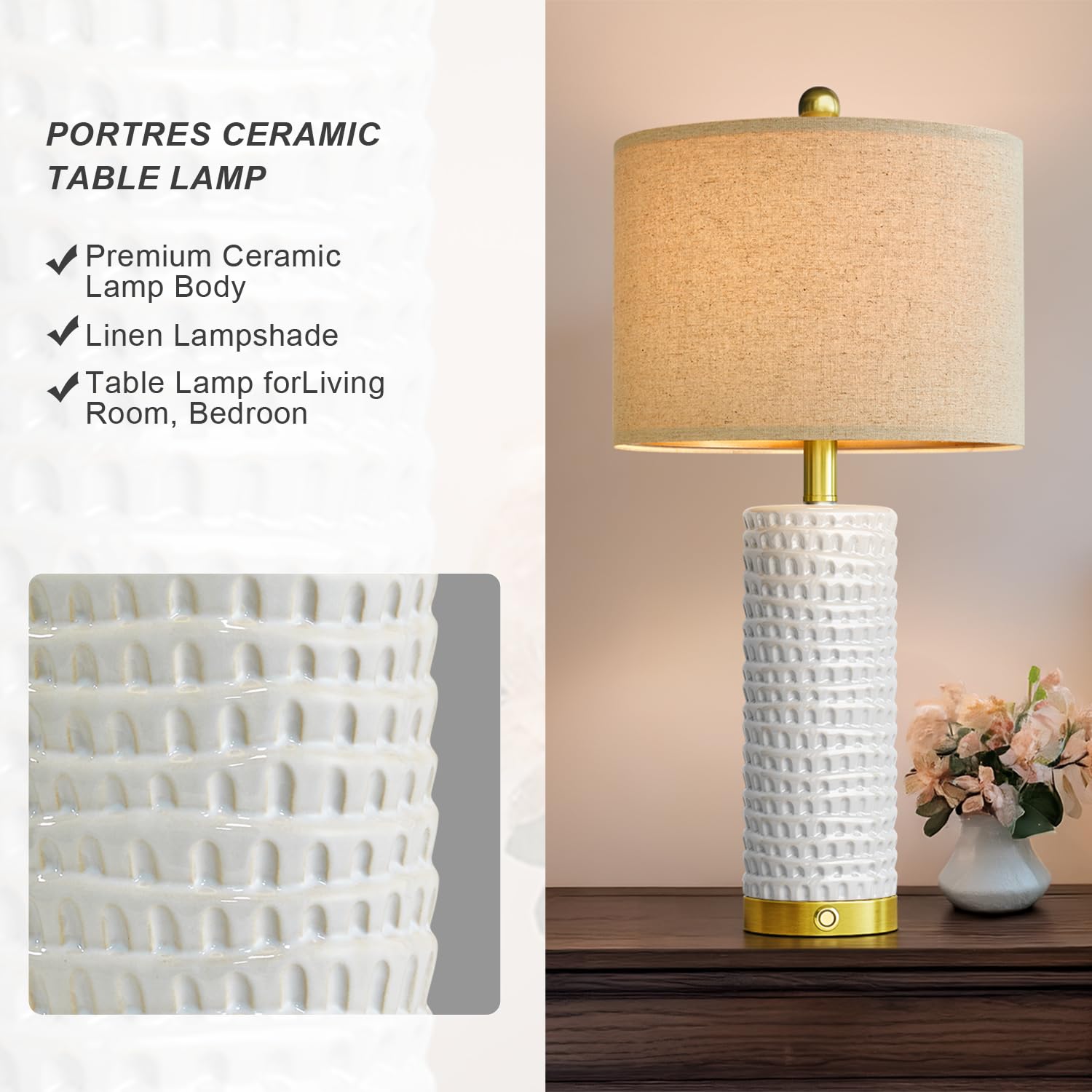 PORTRES Modern Ceramic Table Lamp Set of 2, 3-Way Dimmable, USB Charging Ports, Large, White and Gold