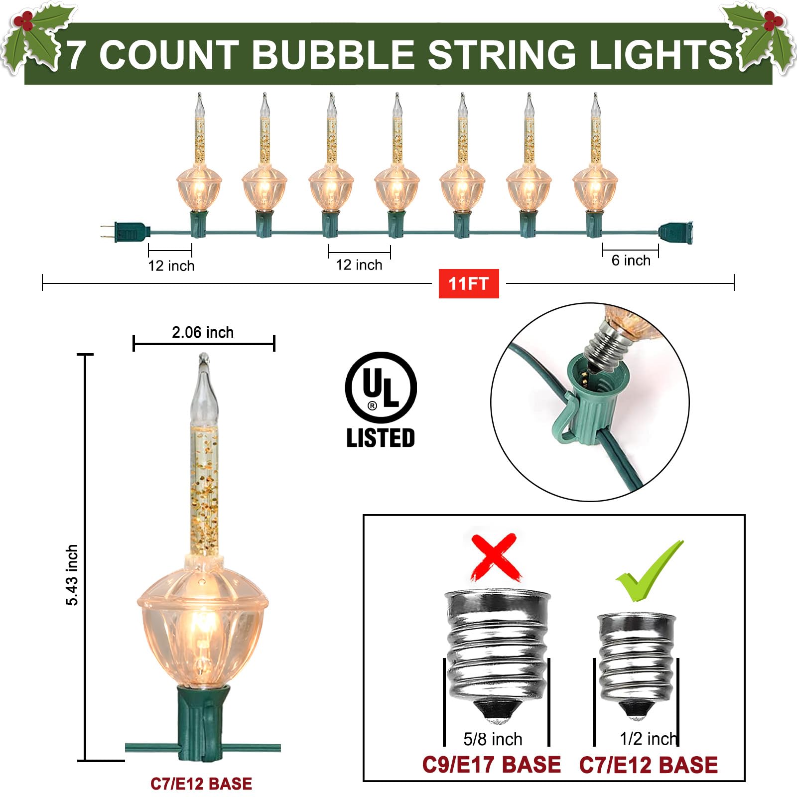 Aiyomt Gold Christmas Bubble Lights Set of 8 Warm White, 11FT C7/E12, UL Listed, Vintage Holiday Decor