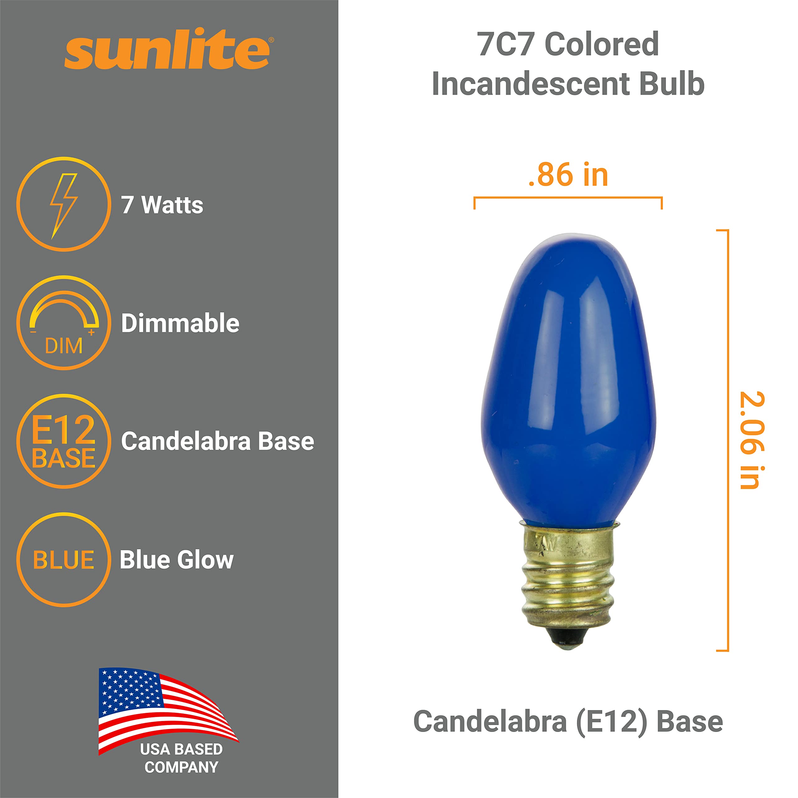Sunlite 01053 7C7 Incandescent Bulb, 7 Watt, Candelabra E12 Base, C7 Small Night Light, Colored Bulb, Blue, 12 Count