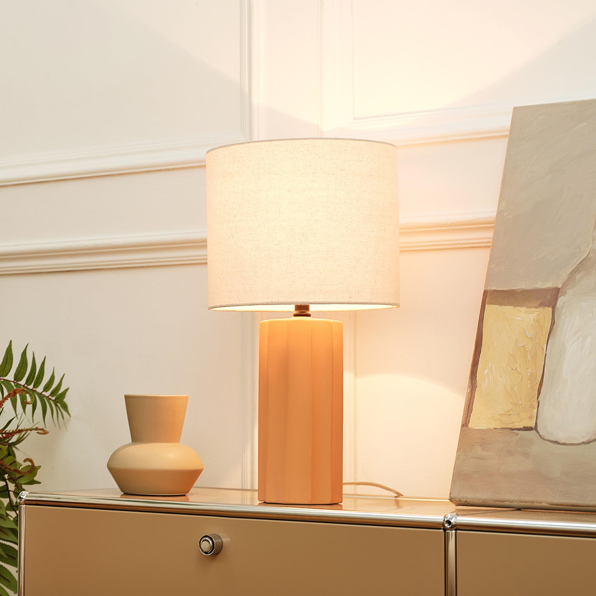 Globe Electric 20in Ribbed Ceramic Table Lamp, Matte Terracotta, White Linen Shade, Model 61000062