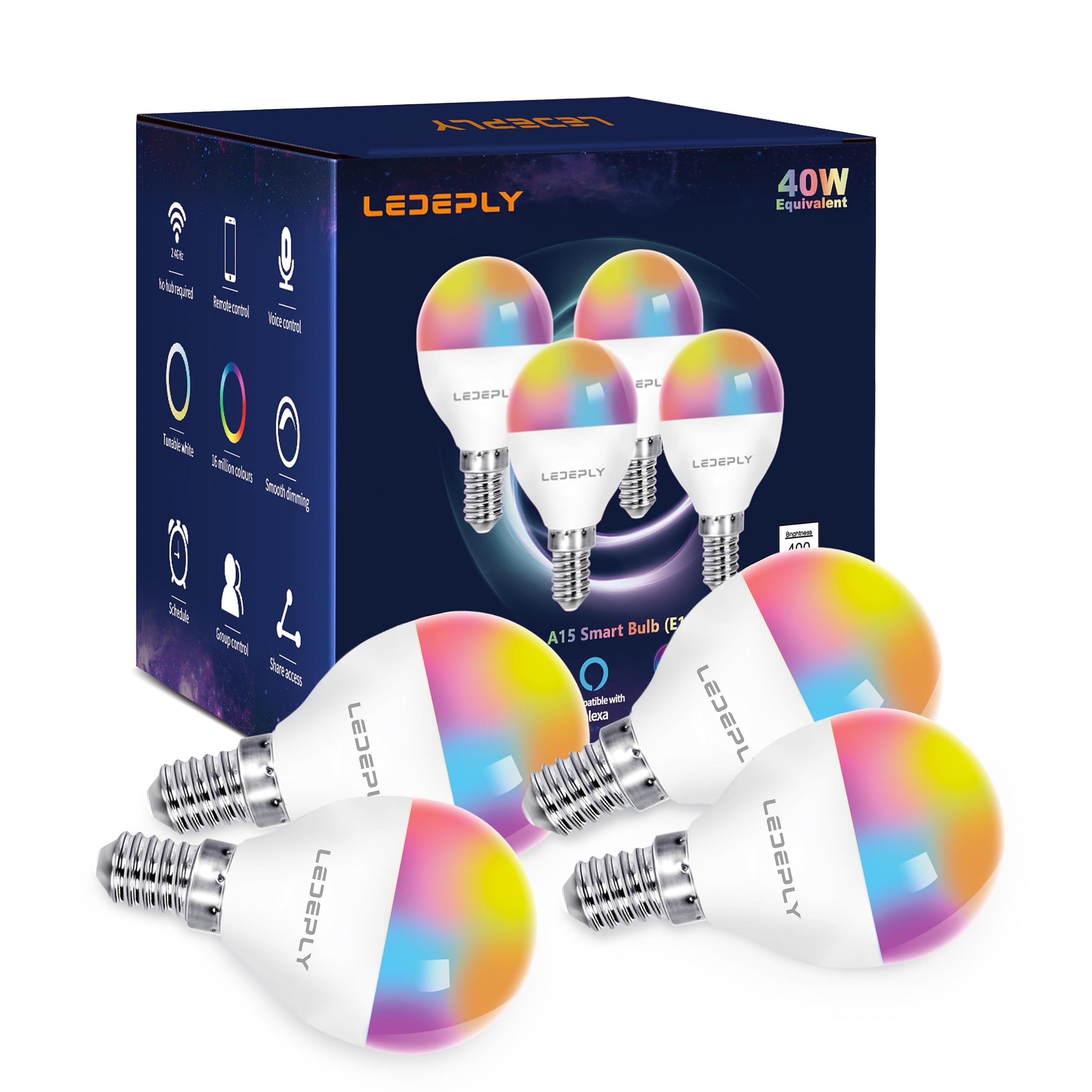 A15 Led Smart Bulb, 5W=40W,Compatible With Alexa, Google Assistant, E12 Base, Dimmable, 2.4G Wifi Only, Rgb Color Changing, Tuna
