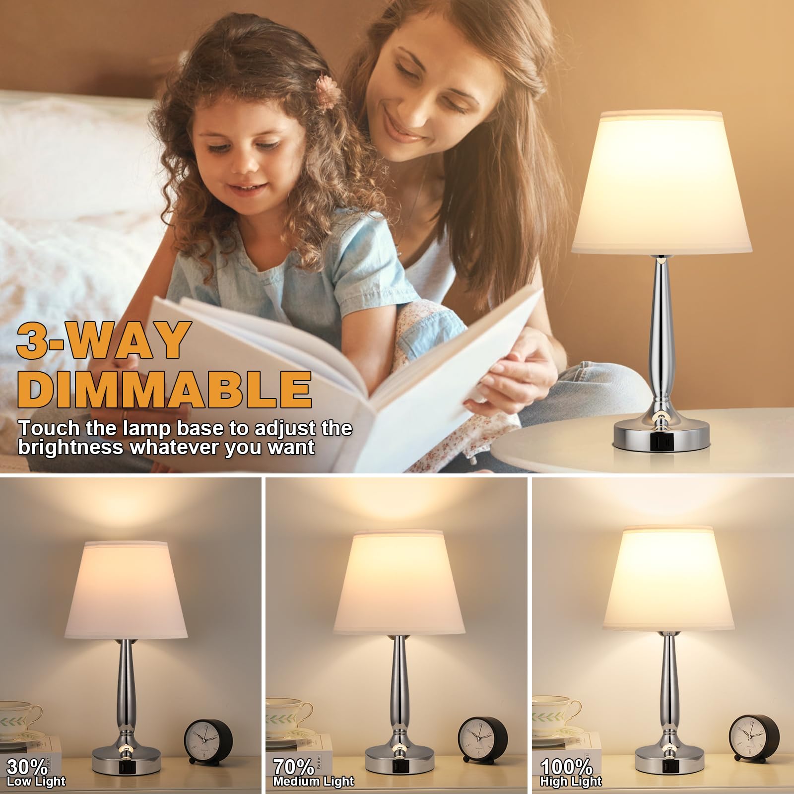Kakanuo Touch Table Lamp - 3 Way Dimmable, USB C Charging, Small Size, White Shade, Silver Base, Model b53f05e9-8fa0-4