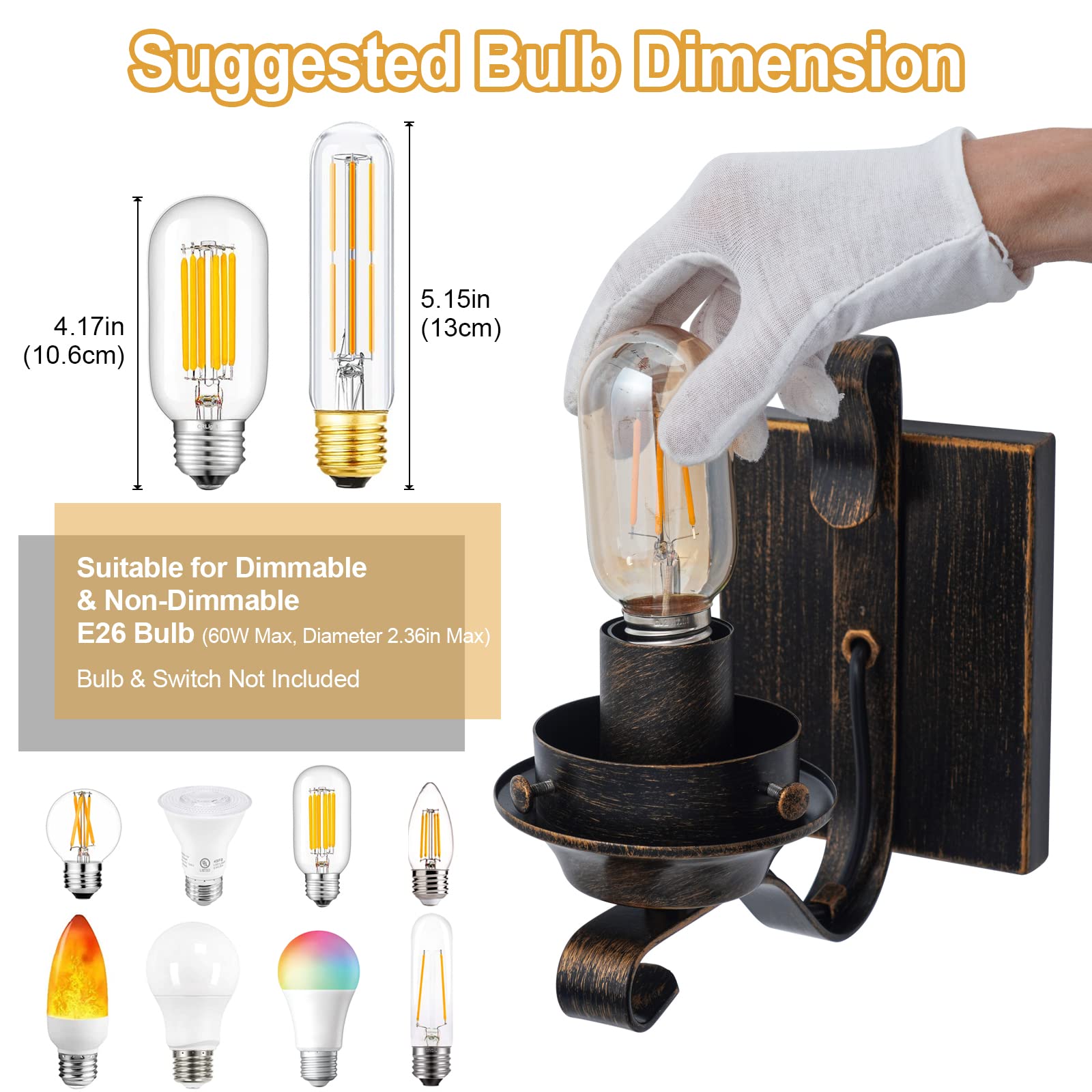 Yisuro Wall Sconces Set Of 2, Oil Rubbed Bronze Retro Lamps With Amber Glass For Living Room