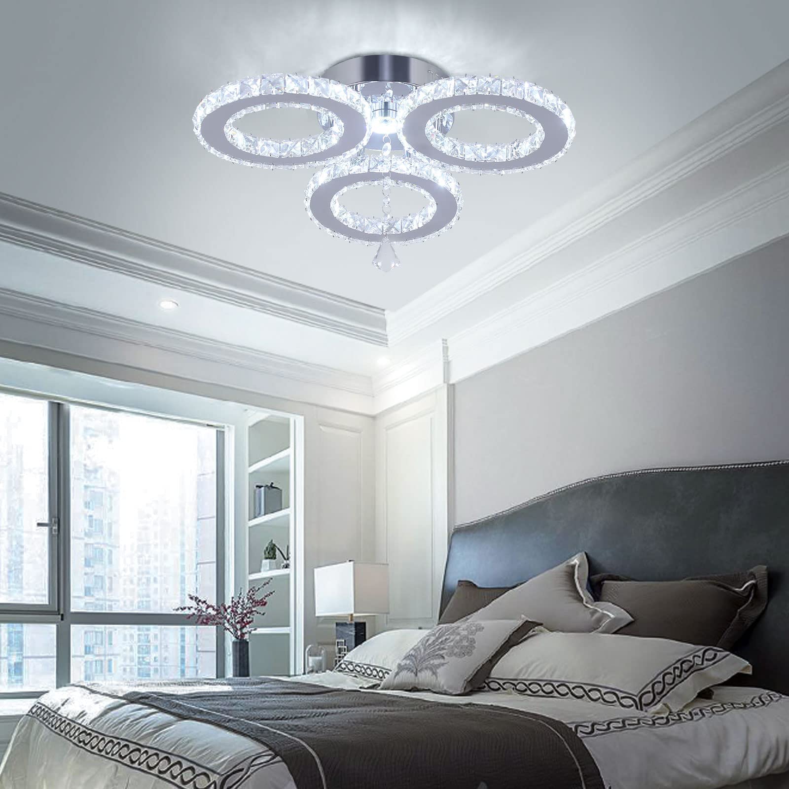 diisunbihuo LED Crystal Ceiling Light Chandelier, 13x3.5", Cool White, Flush Mount for Bedroom & Living Room, Model B084H92X1Q