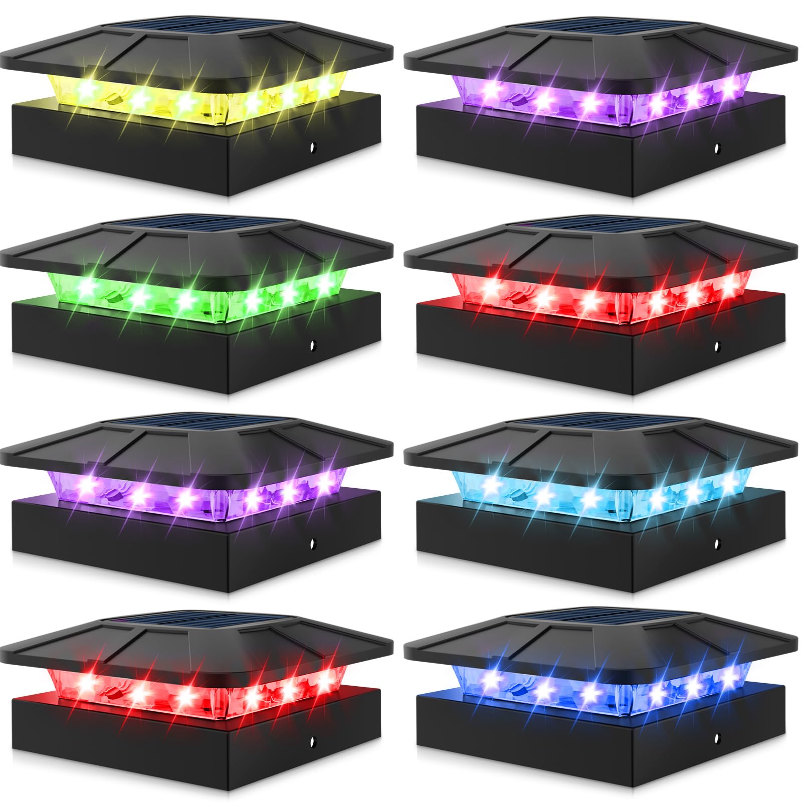Peasur 4X4 Solar Post Cap Lights Rgb Color Changing  8 Packs Led Deck Fence Light Solar Powered Outdoor Waterproof  Wood/Vinyl Posts Top Lighting For Outside Yard Garden Patio