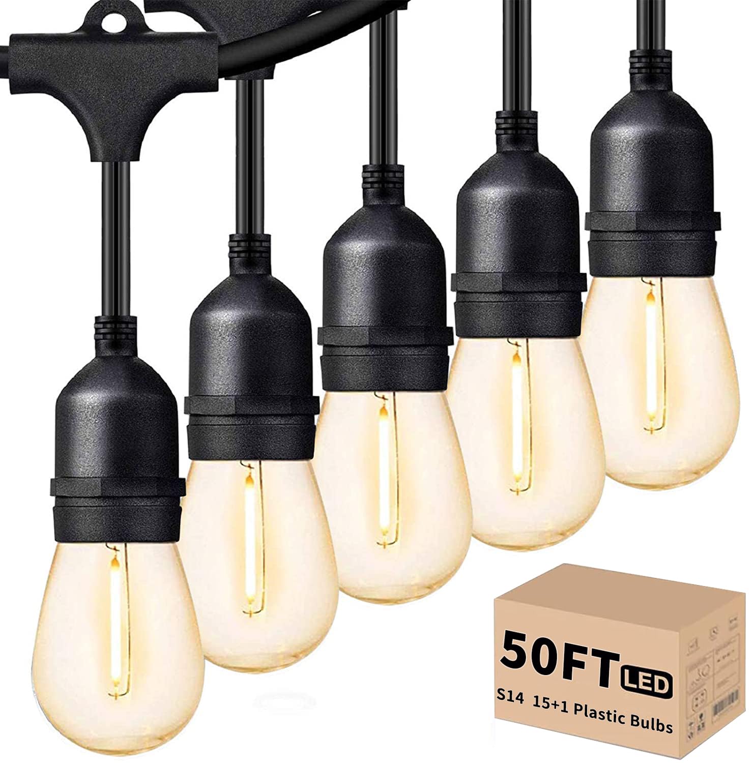 Svater Outdoor LED String Lights, 50FT, 16 S14 Shatterproof Bulbs, Dimmable 2700K Warm White, IP65 Waterproof, Model ILE26-180