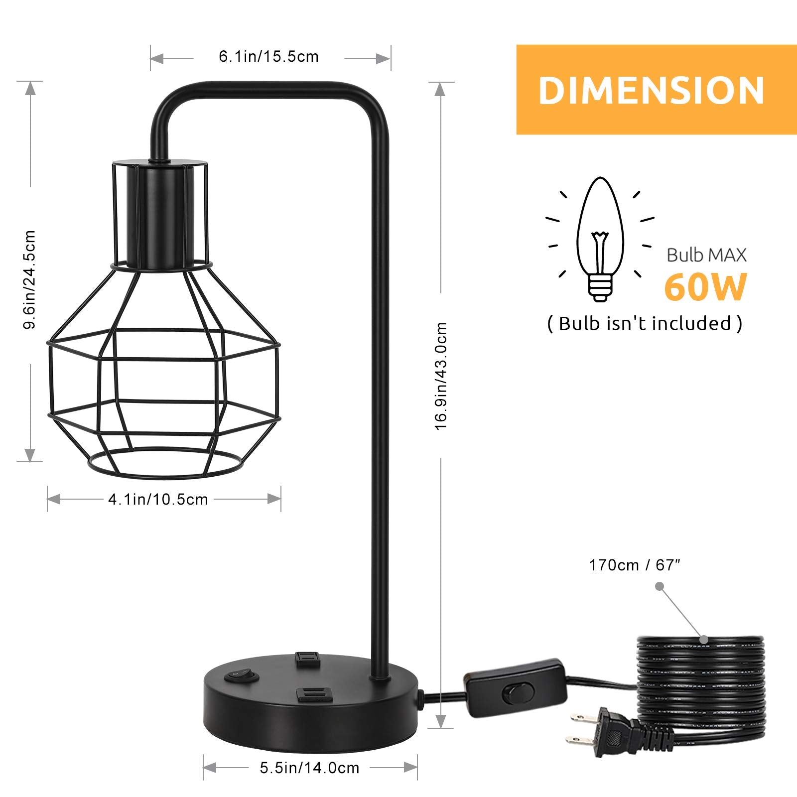 Haitral Usb Modern Table Lamp With Outlet, Industrial Farmhouse Bedside Desk Lamp For Bedroom, Office, Living Room, Black (Witho