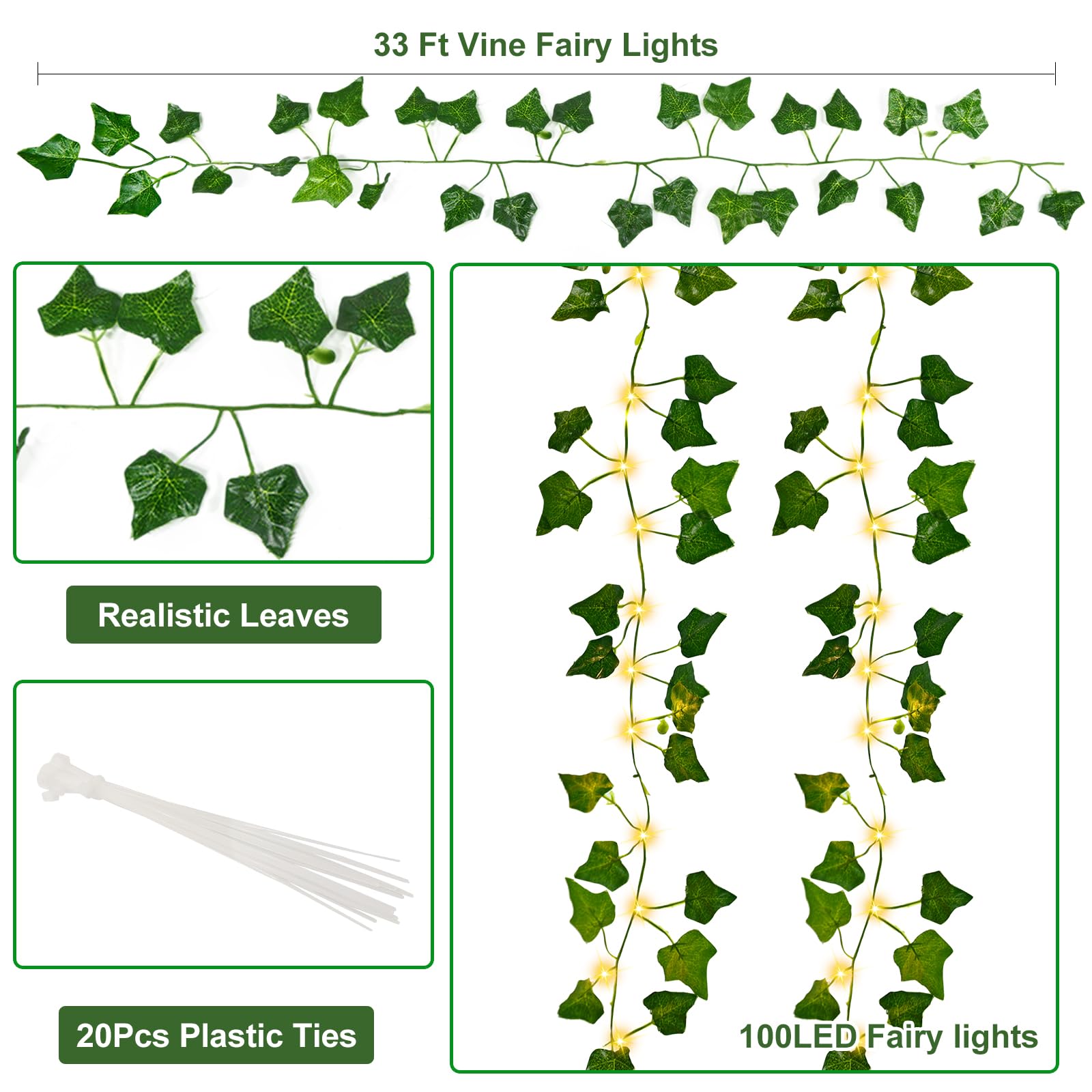 Yjfwal 33Ft Vine Fairy Lights With 100 Led 8 Mode Remote, Artificial Greenery Ivy Leaf Garland String Lights, Battery Operated Fake Vines For Bedroom Home, Garden, Party, Weddings, And Walls