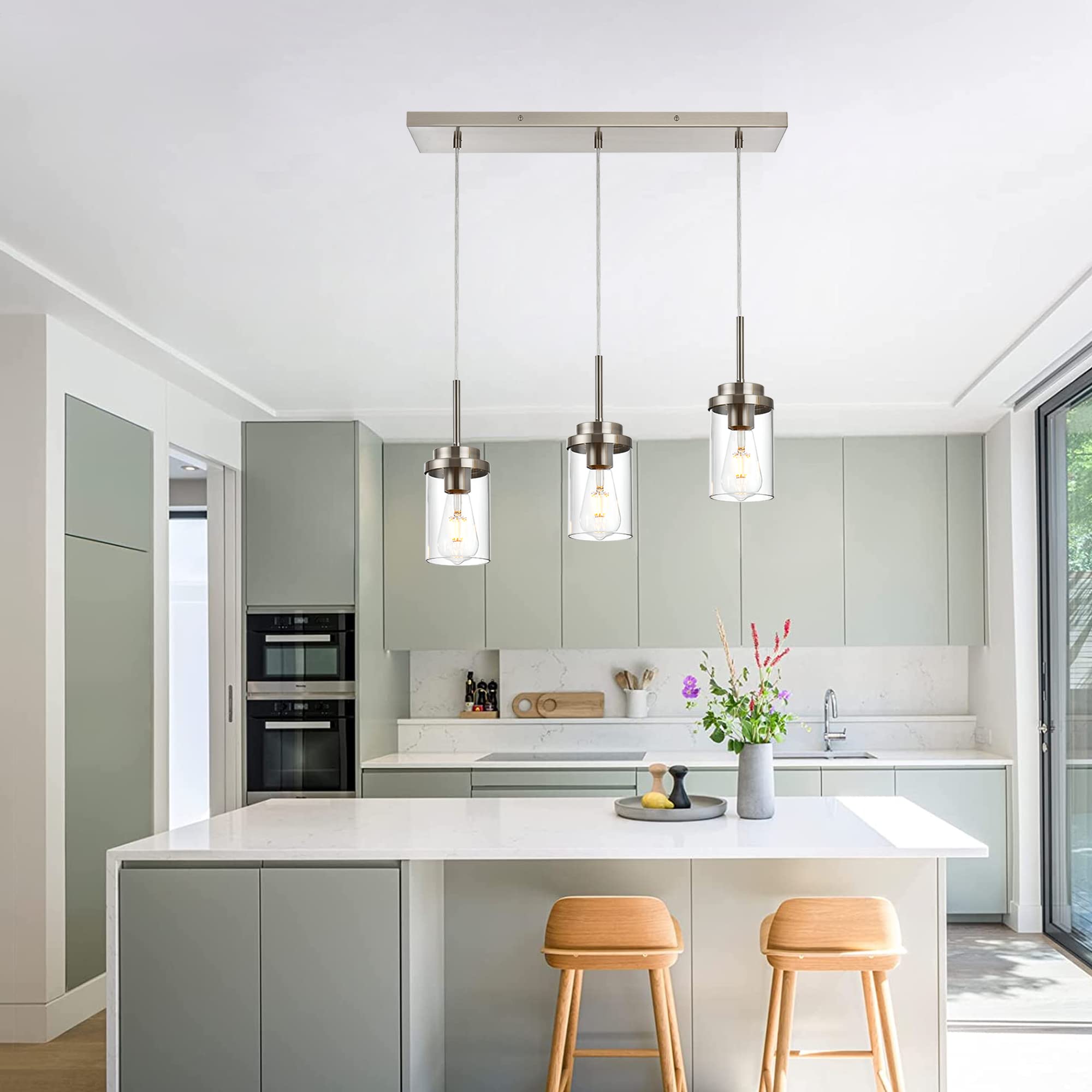 MELUCEE Kitchen Pendant Lighting 3 Lights Brushed Nickel Chandelier 23.6" Clear Glass Shade