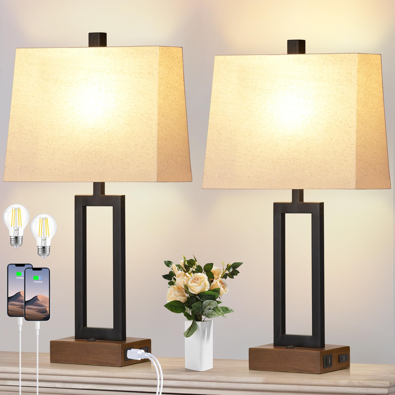 Rinweey 23.5" Table Lamps Set Of 2, Modern Black Bedside Lamps With 2 Usb Ports & Ac Outlet, Contemporary Nightstand Lamps With Wood Base For Bedroom Living Room(Led Bulb Included)