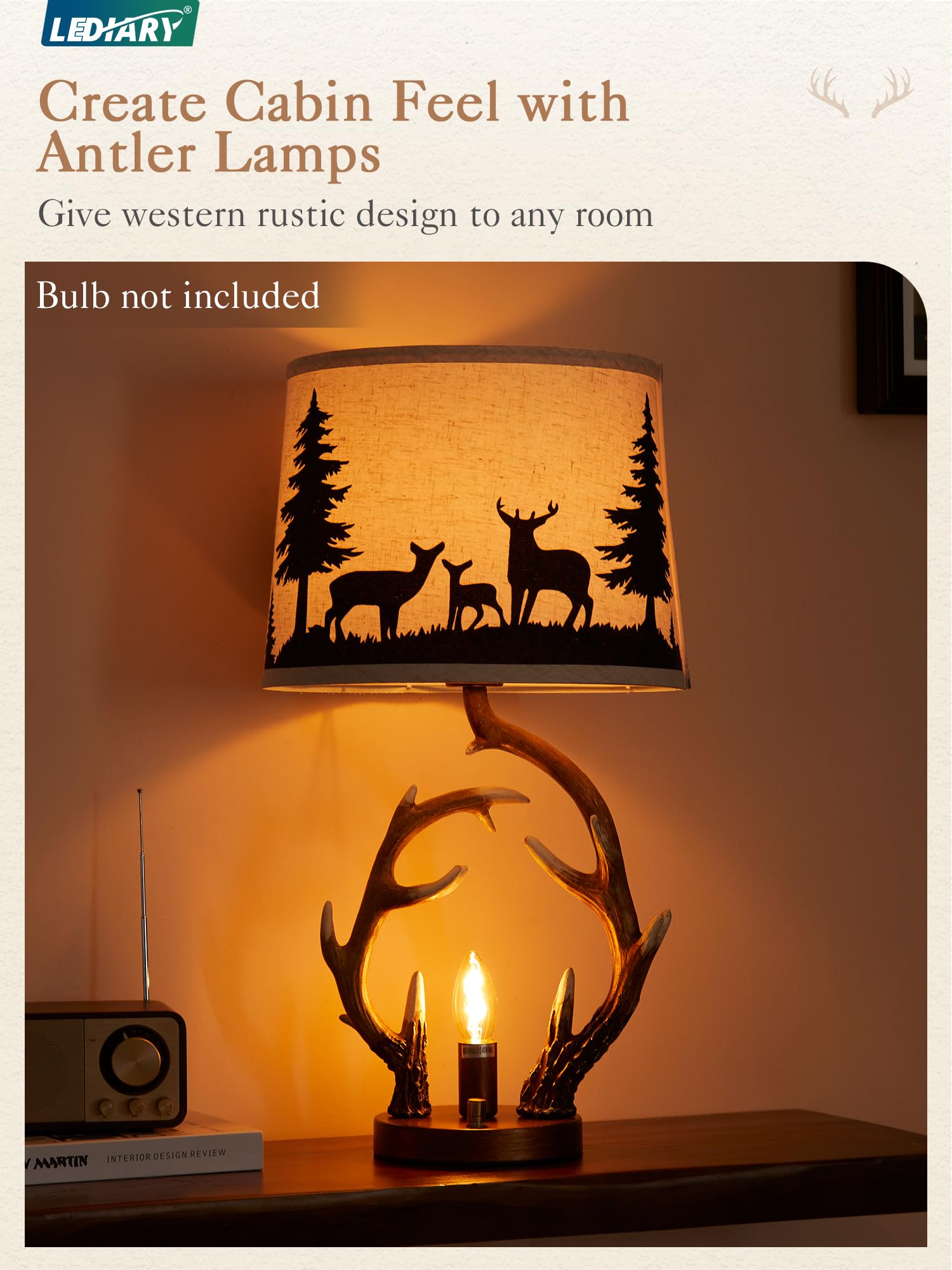 LEDIARY 23.8 Antler Table Lamps Set of 2 with Nightlight, 2 USB Ports Rustic Western Lamp with Deer Linen Fabric Shade, Cabin De