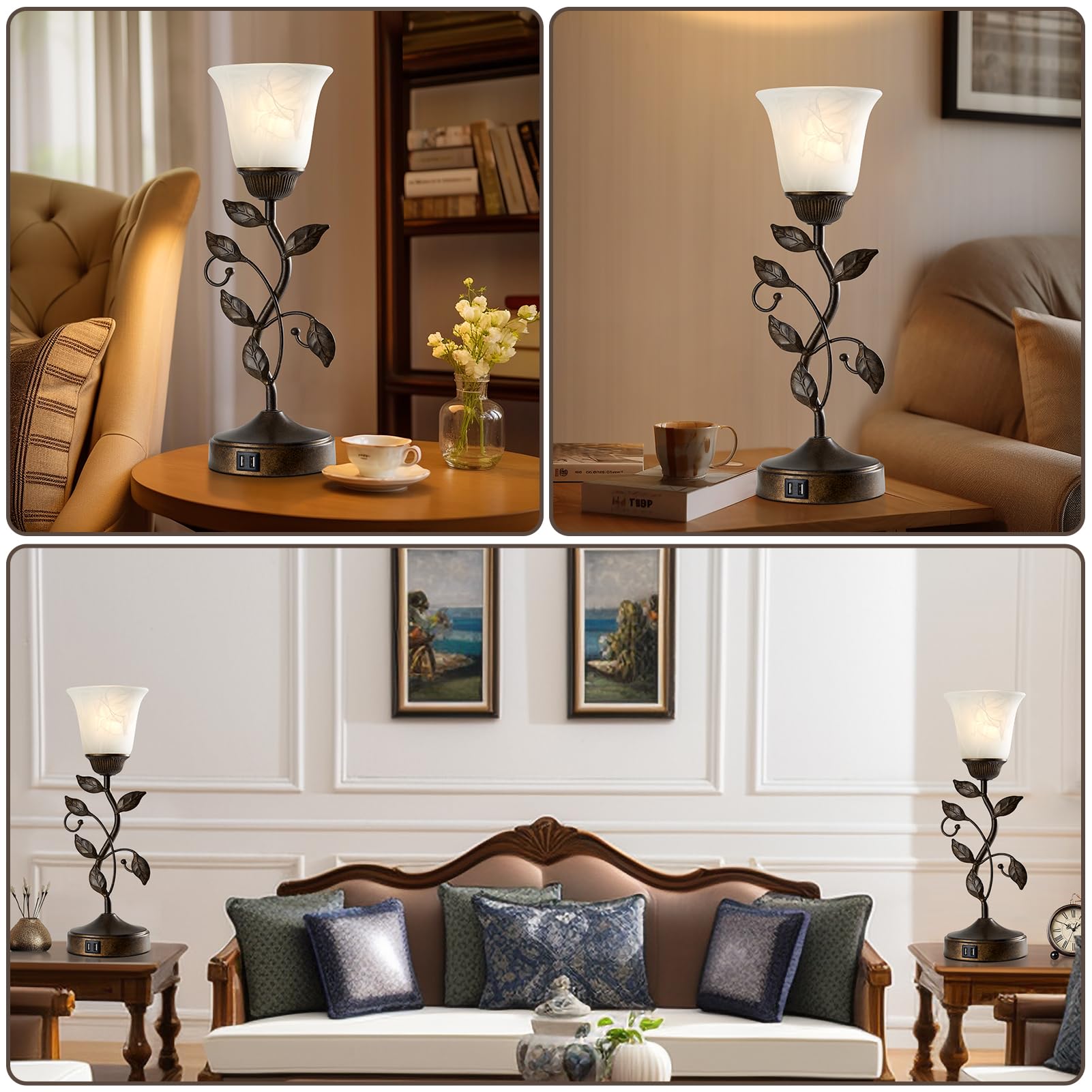 Roriano Touch Bedside Table Lamp, Vintage Nightstand Lamp With 2 Usb Ports For Living Room, 3 Way Dimmable Leaf Lamp Retro Table