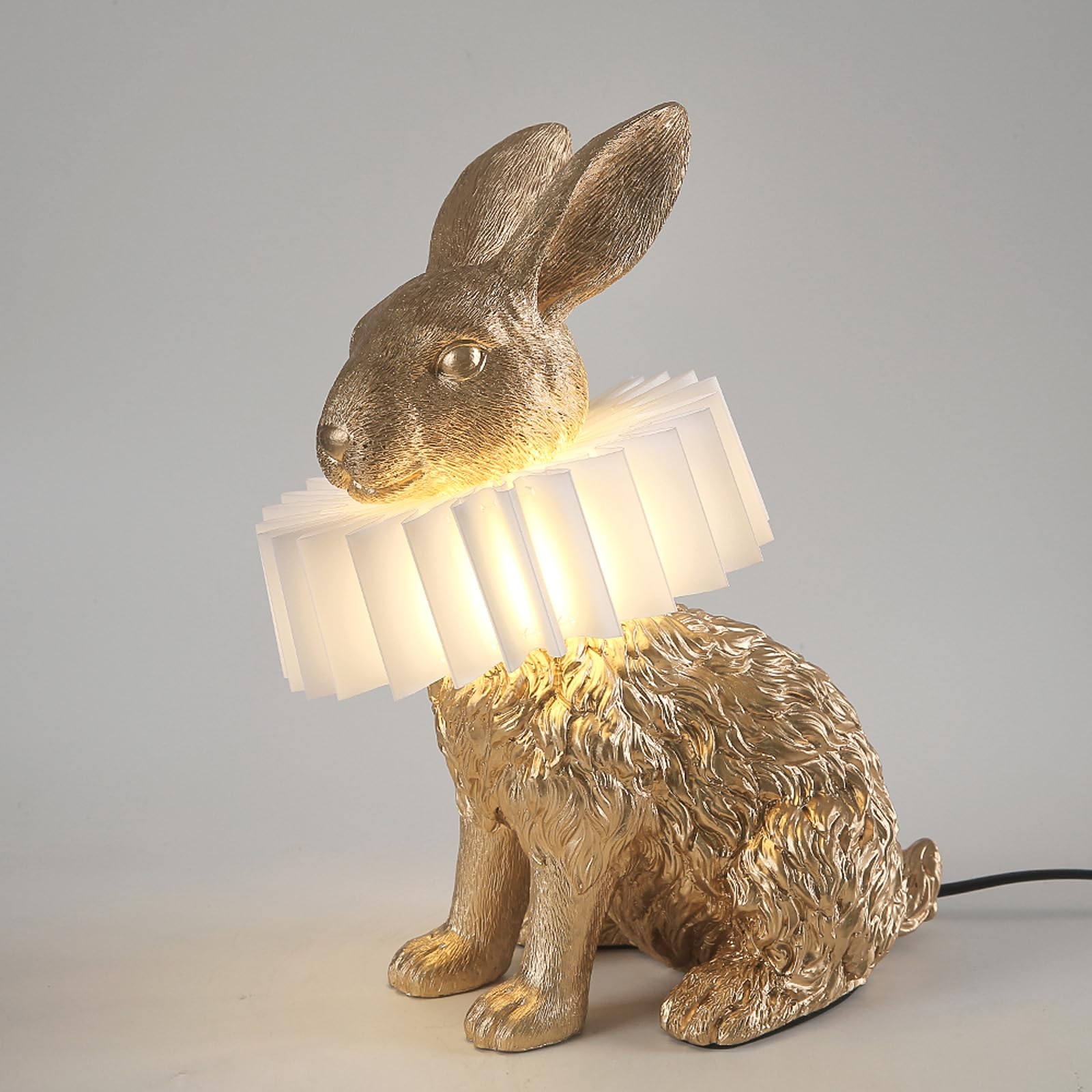 LAZHUG Scarf Rabbit Table Lamp, Resin Gold Bunny Lamp with White Pleated Shade, USB Plug, Energy-Efficient, Gold Sitting