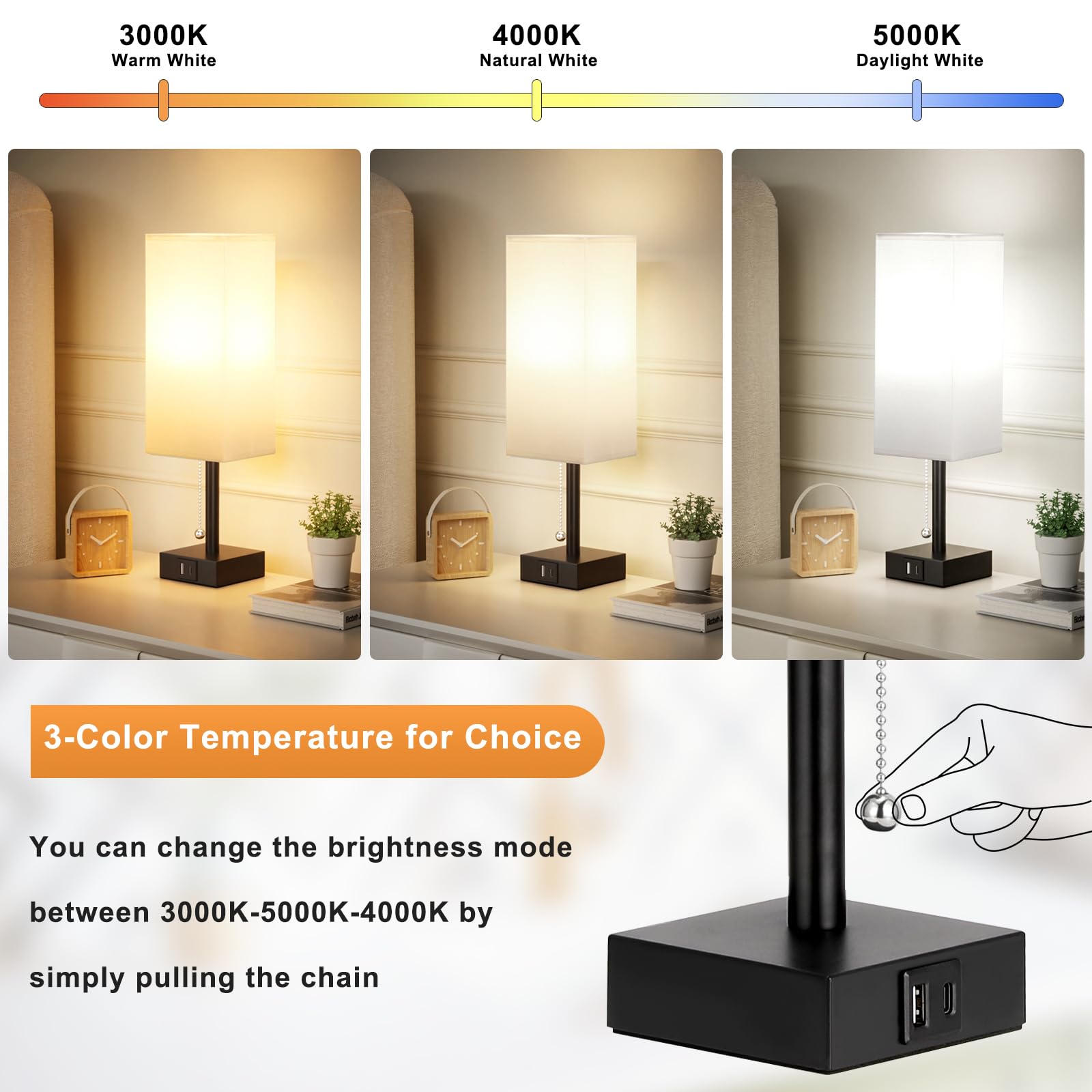 Bedside Lamps Set Of 2 - White, 3 Color Temperatures, Usb Charging, Pull Chain Night Light