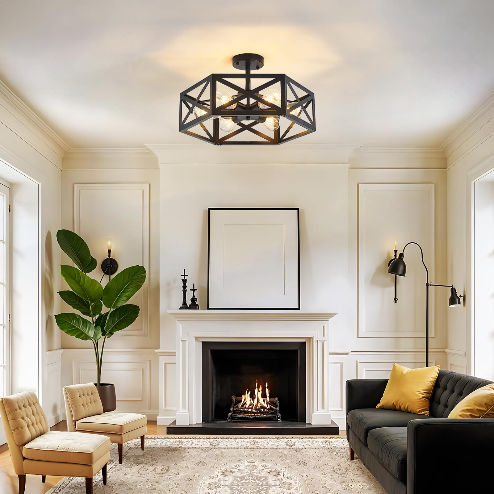 Oteedo Modern Semi Flush Mount Ceiling Light 19.7 6-Light Hexagon Flush Mount Ceiling Lights For Dining Room Light Fixture Farmhouse Black Metal Kitchen Island Lighting Fixtures For Hallway Bathroom