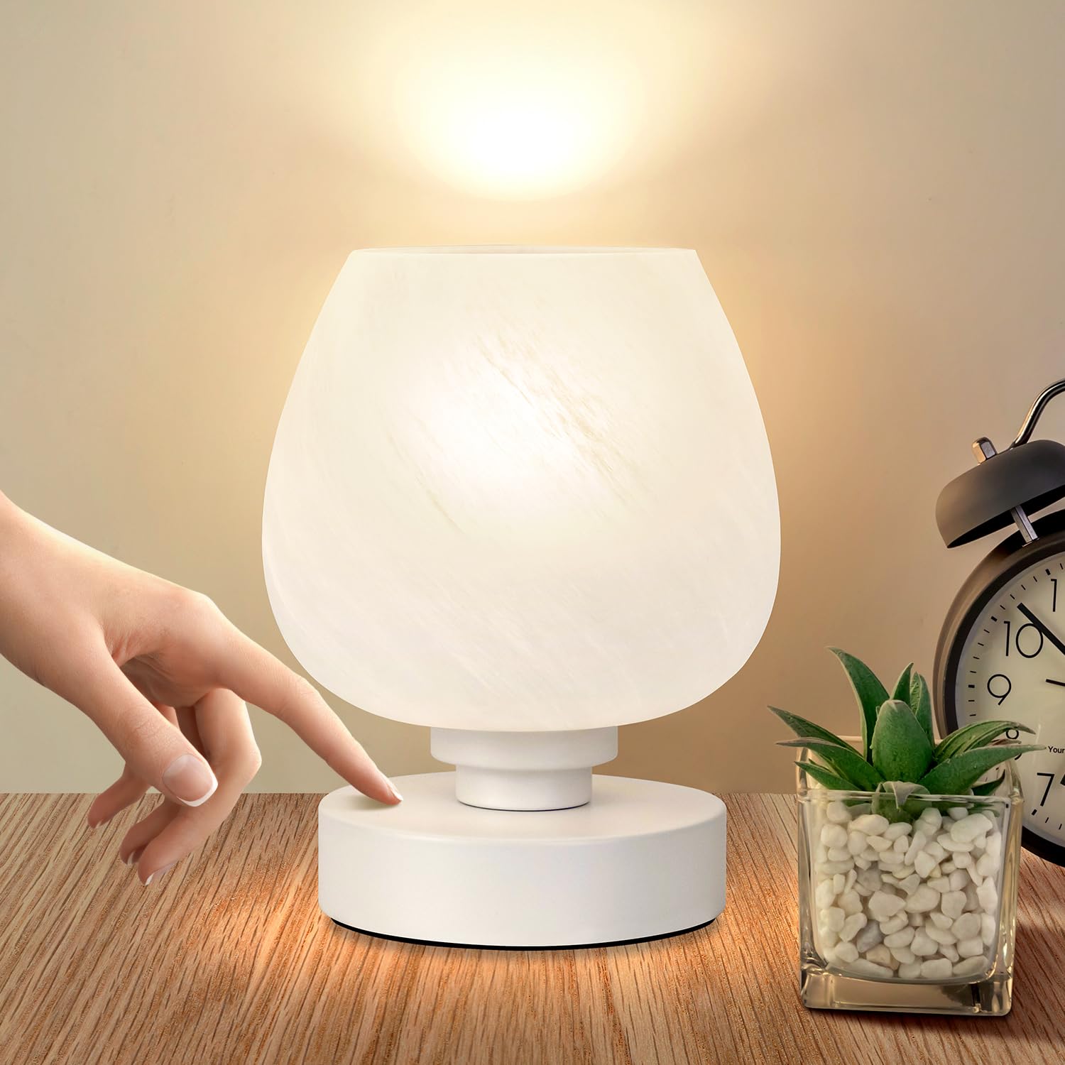 Soilsiu Bedside Table Lamp - Touch Control, 3-Way Dimmable, Metal, White Opal Glass Shade, Model GL-002, Warm LED Bulb Included