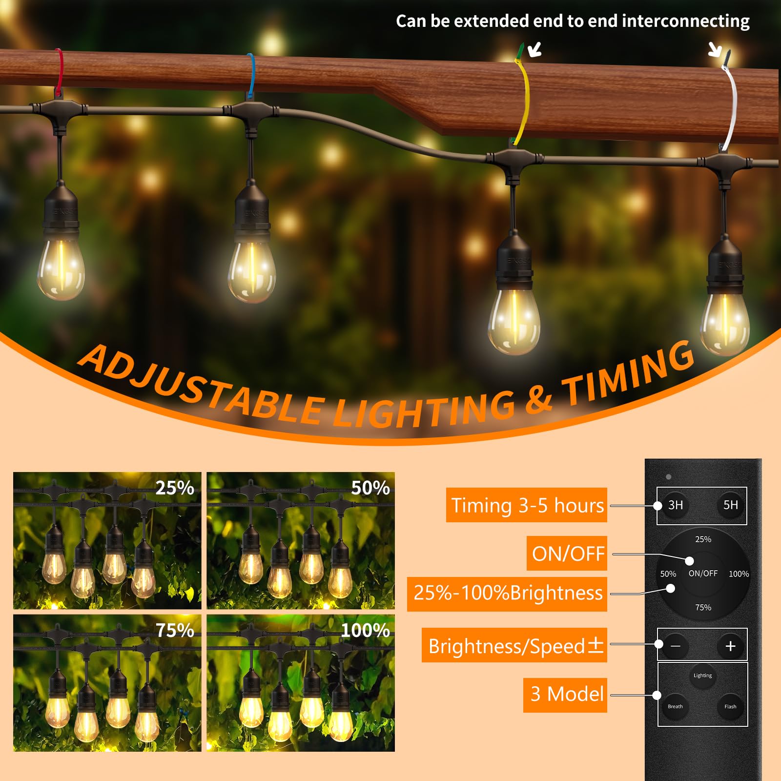 EIKOSON 50FT Outdoor String Lights - Waterproof, 32 Bulbs, Remote & Dimmer, Black, Commercial Grade, Model EIK-48FT-30