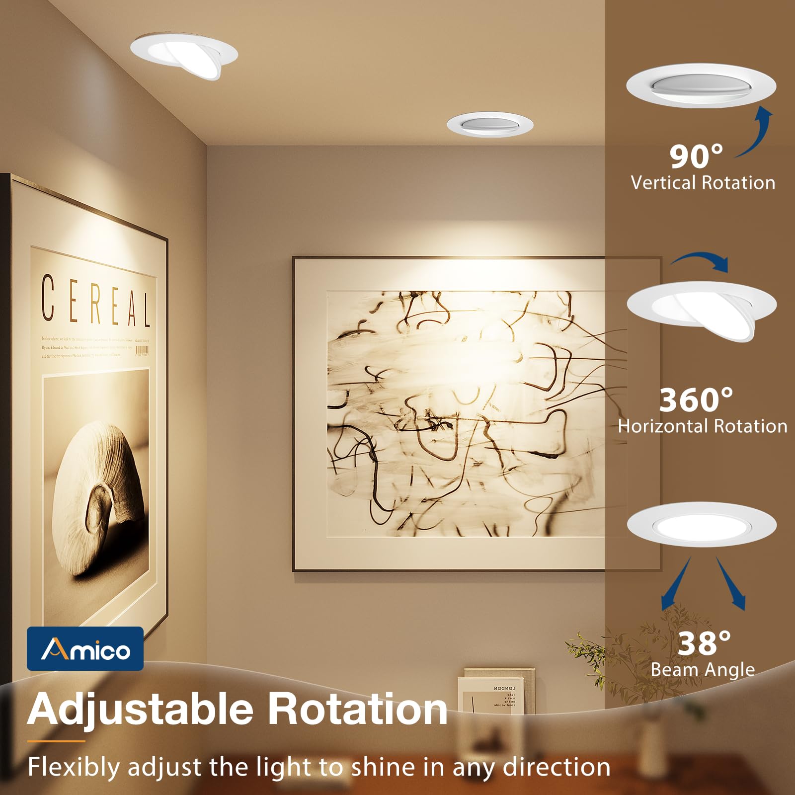 Amico 12W 6 Inch Gimbal LED Recessed Lighting, Dimmable 5CCT 1200LM, White, Model 12007, ETL&FCC Certified