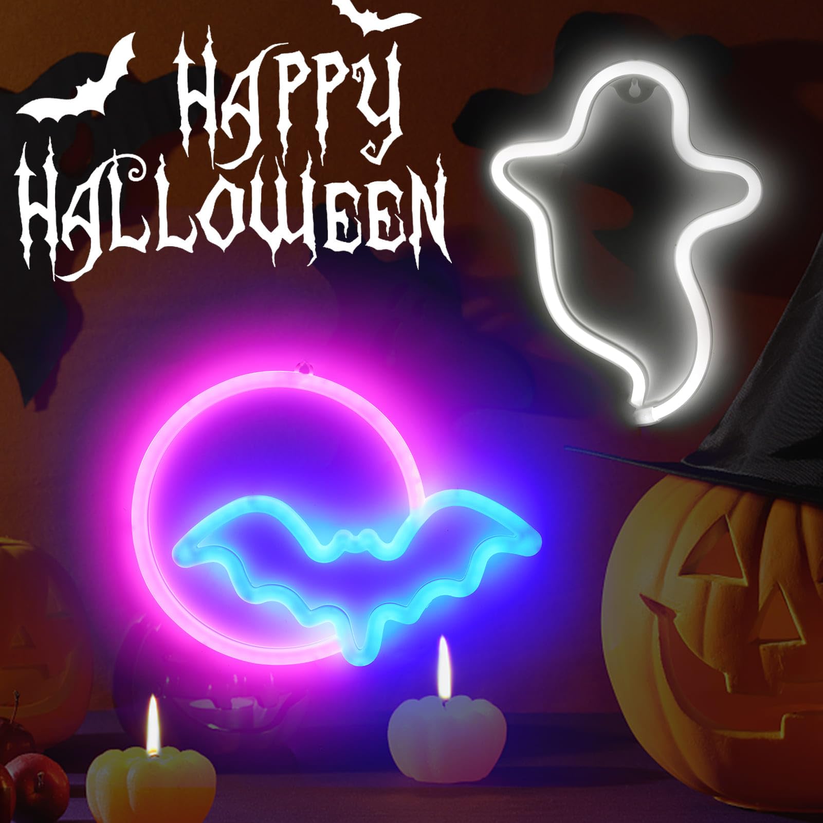 Brightdeck 2 Pack Halloween Neon Signs  White Ghost  Blue Bat Full Moon Neon Lights Decorations  Usb/Battery Powered Led Neon Sign For Halloween Wall Decor  Bedroom  Kids Gift  Bar  Party(Full Moon)