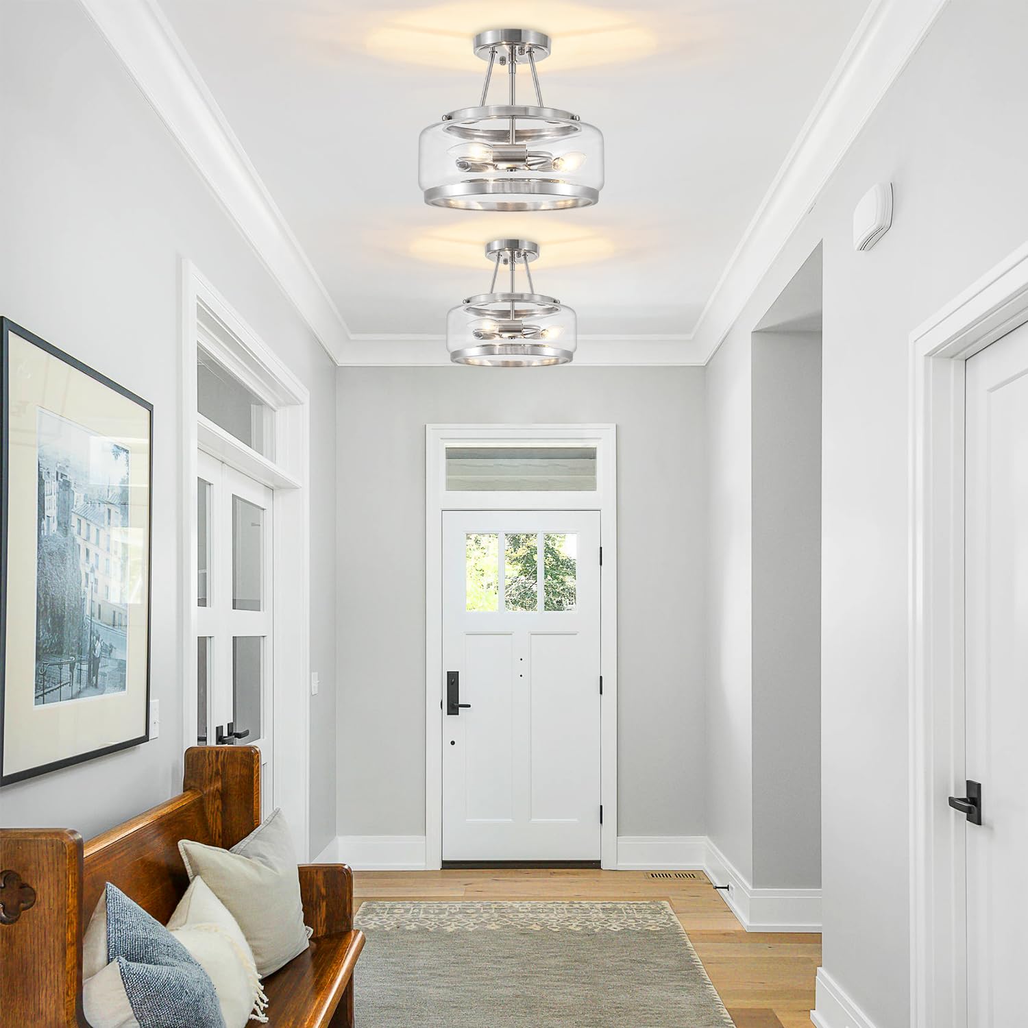 Brushed Nickel Modern Glass Ceiling Light  3-Light Drum Semi Flush Mount Ceiling Light Fixture  Entryway Light Fixture  Ceiling Lamp For Hallway Bedroom Laundry Kitchen Dining Room Lighting  Ul-Listed